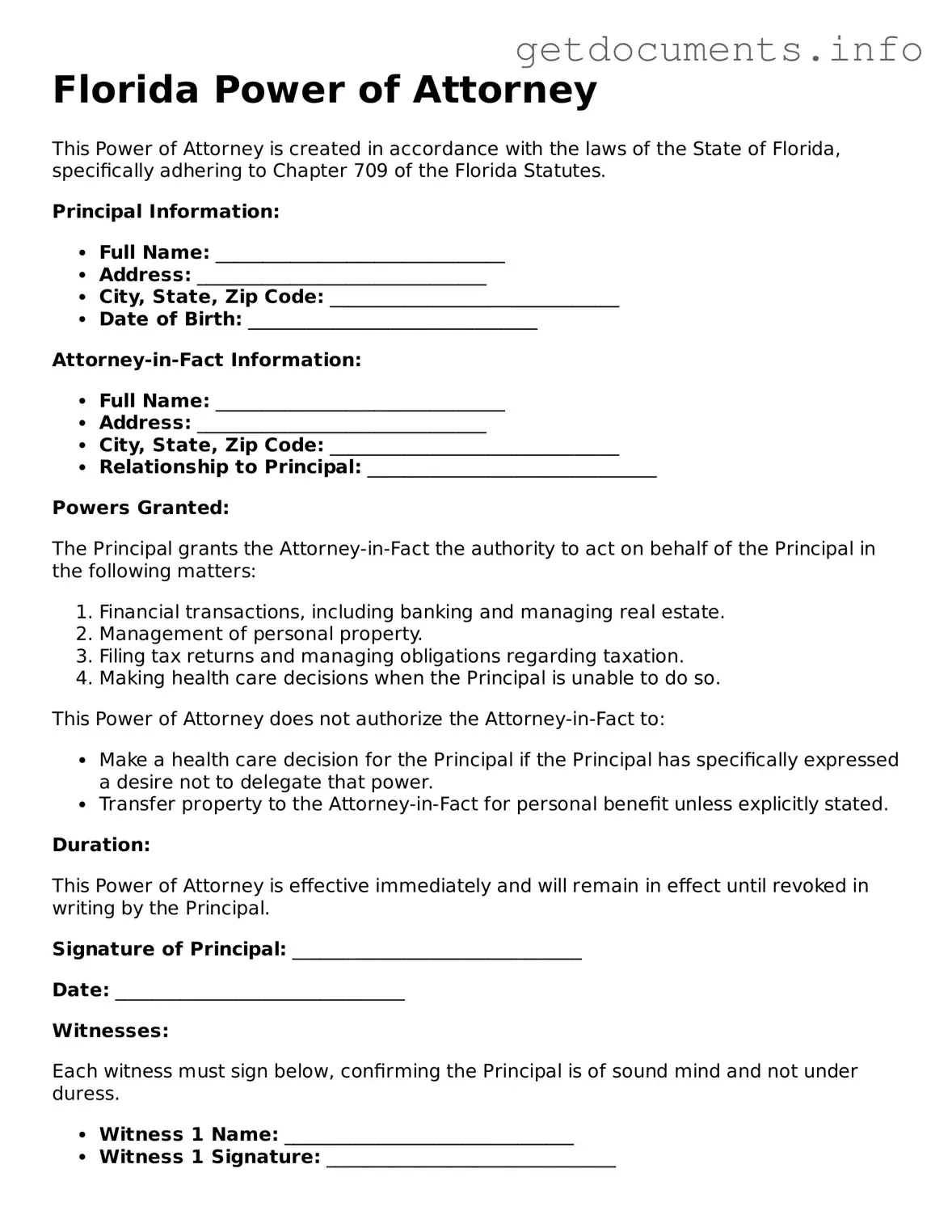 Free  Power of Attorney Template for Florida
