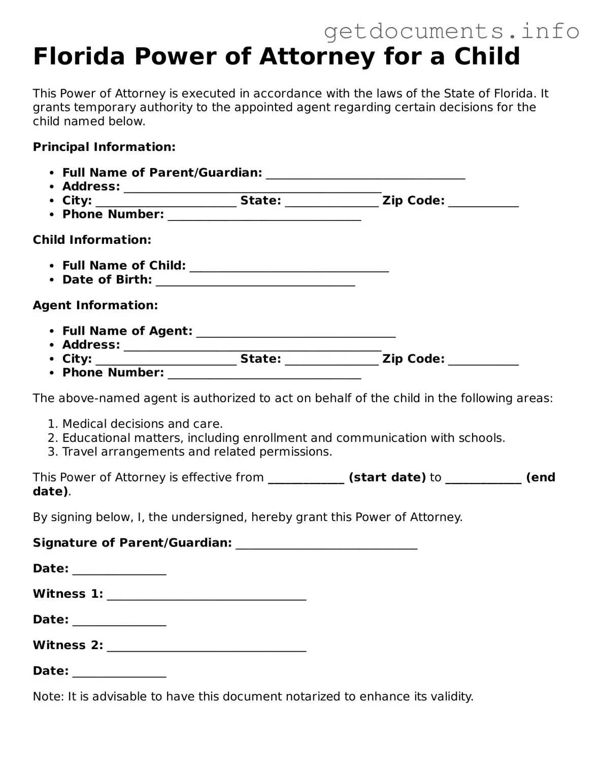 Free Power of Attorney for a Child Template for Florida