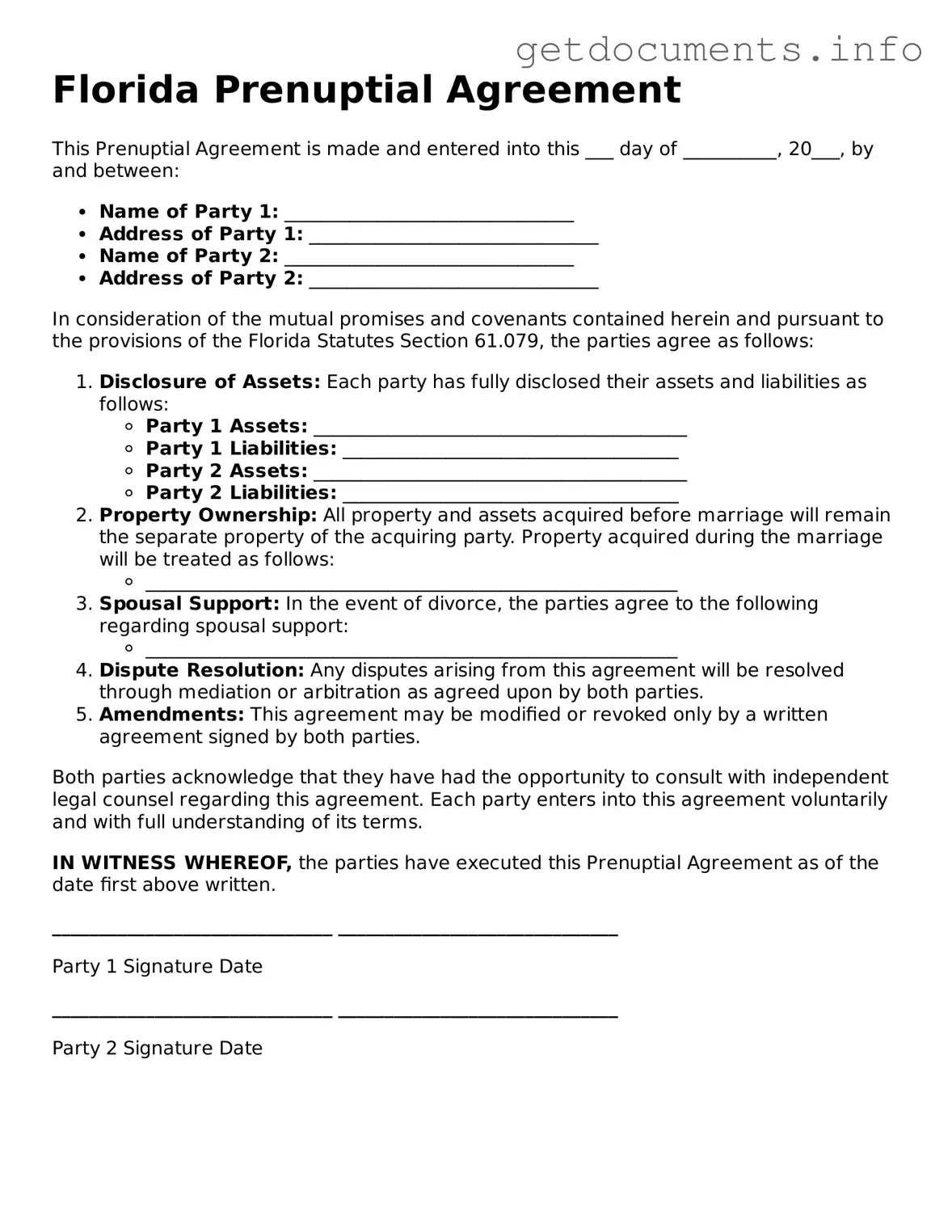 Free Prenuptial Agreement Template for Florida