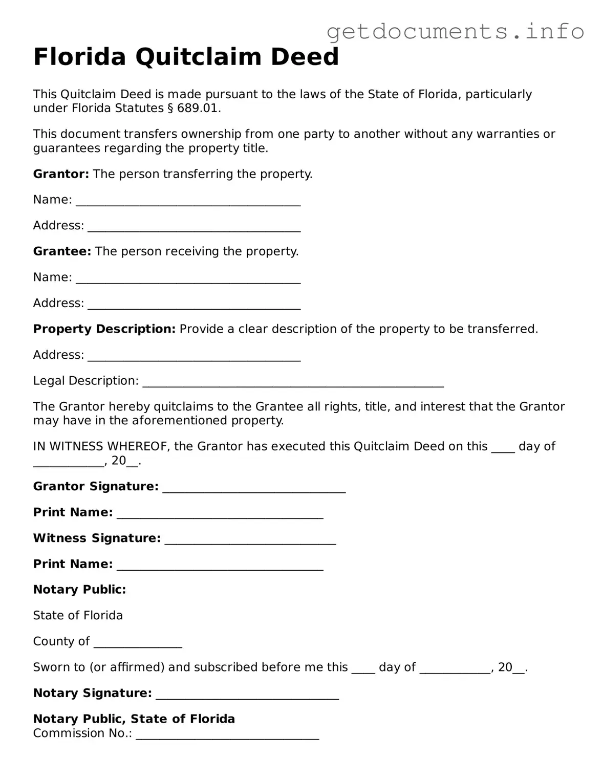 Free  Quitclaim Deed Template for Florida