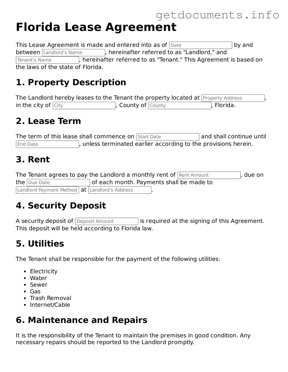 Free Lease Agreement Template for Florida