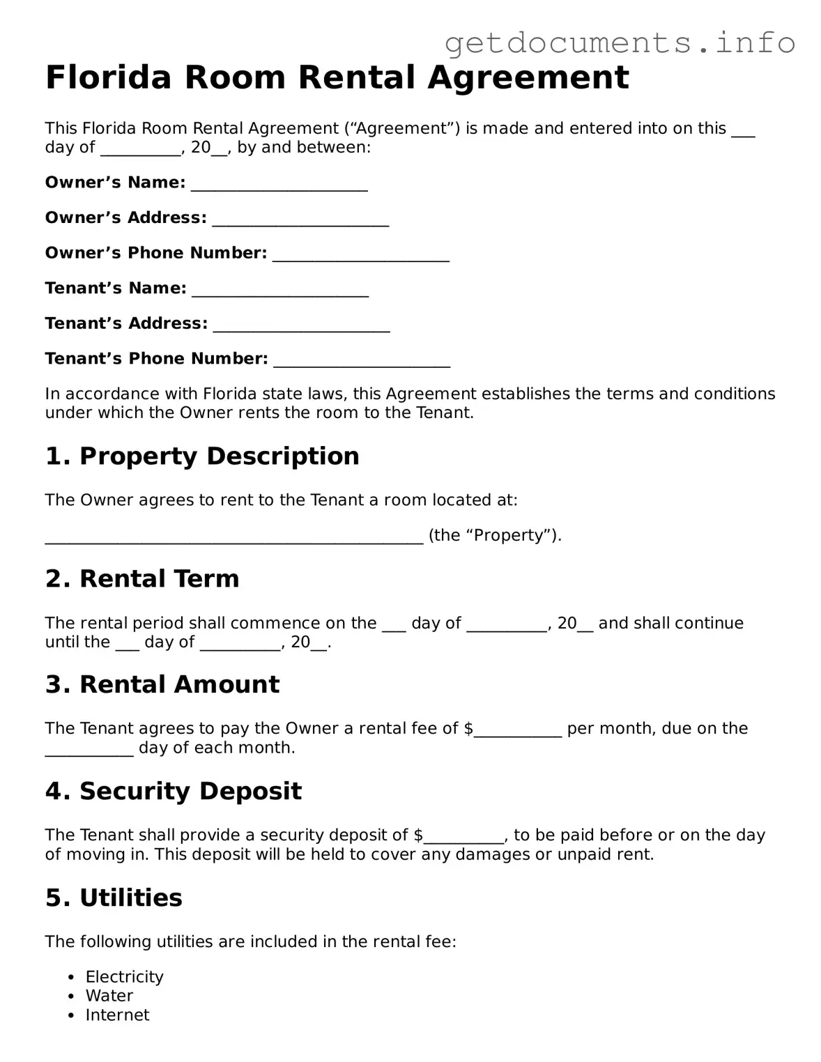 Free Room Rental Agreement Template for Florida