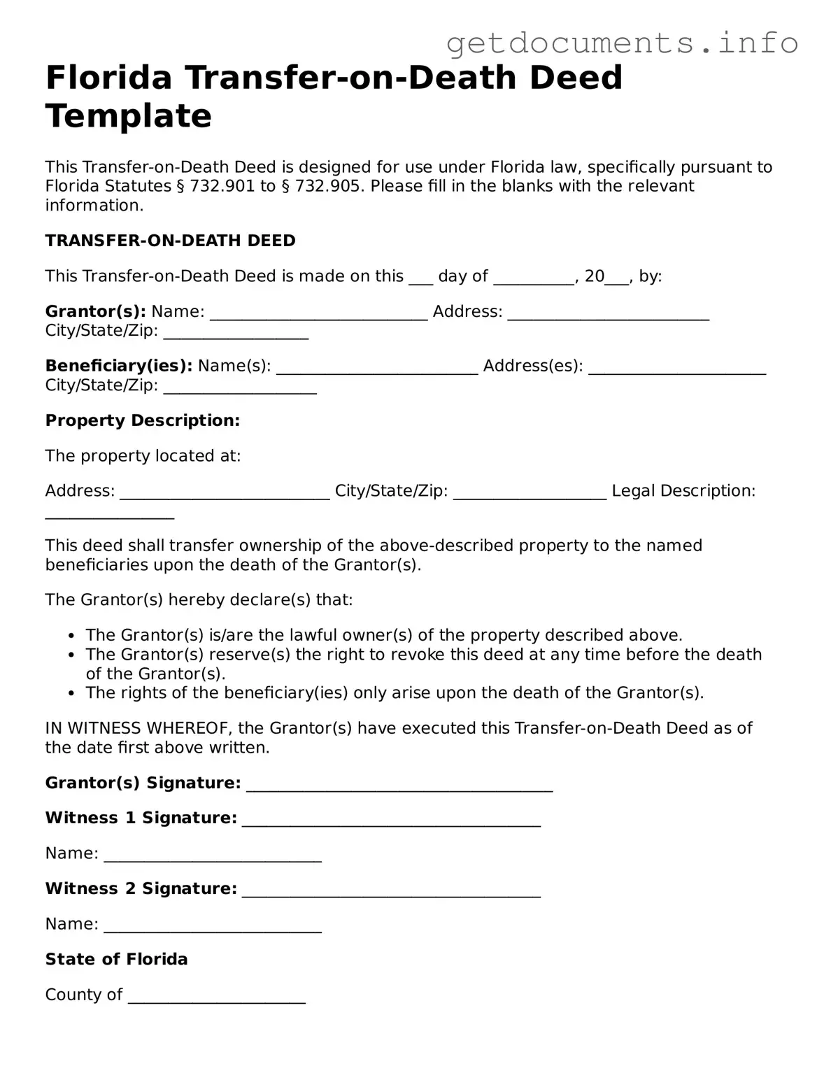 Free  Transfer-on-Death Deed Template for Florida