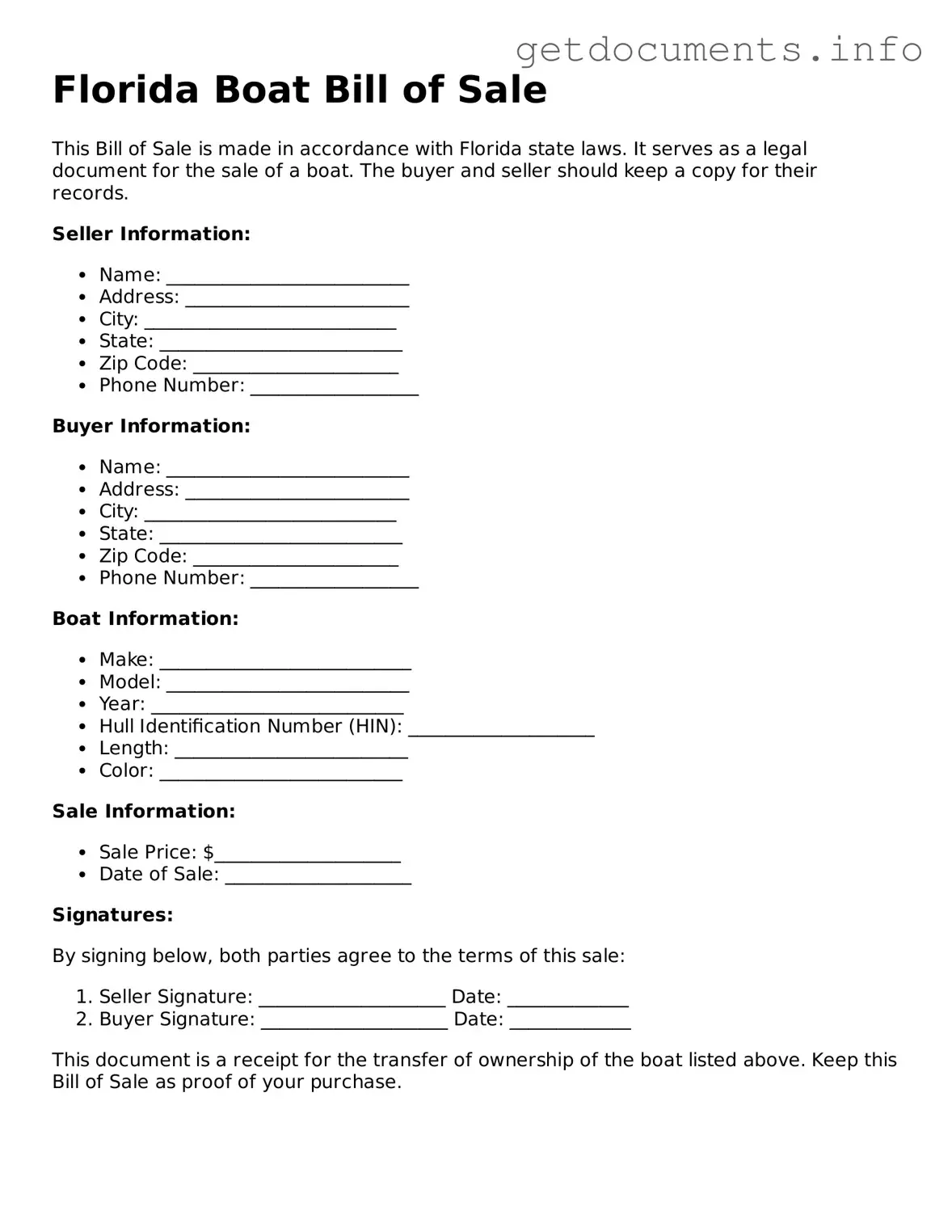 Free  Boat Bill of Sale Template for Florida