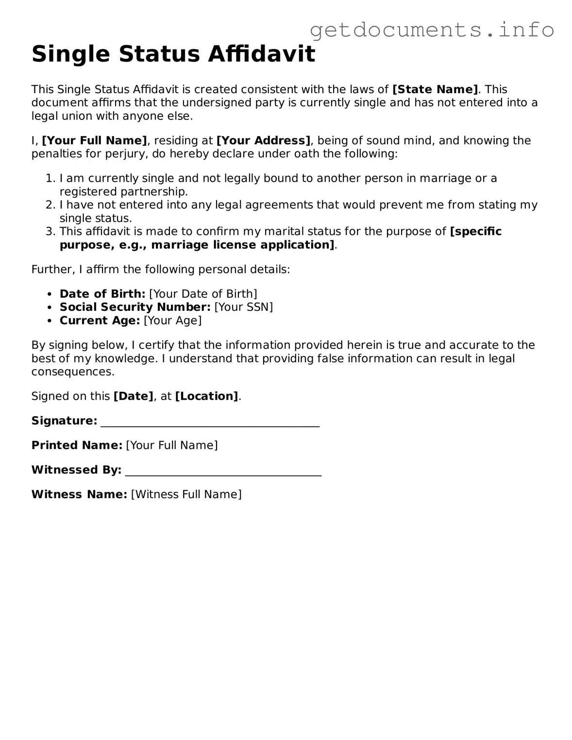 Printable Single Status Affidavit Document