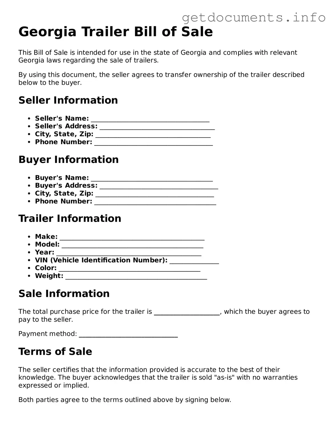 Free Trailer Bill of Sale Template for Georgia