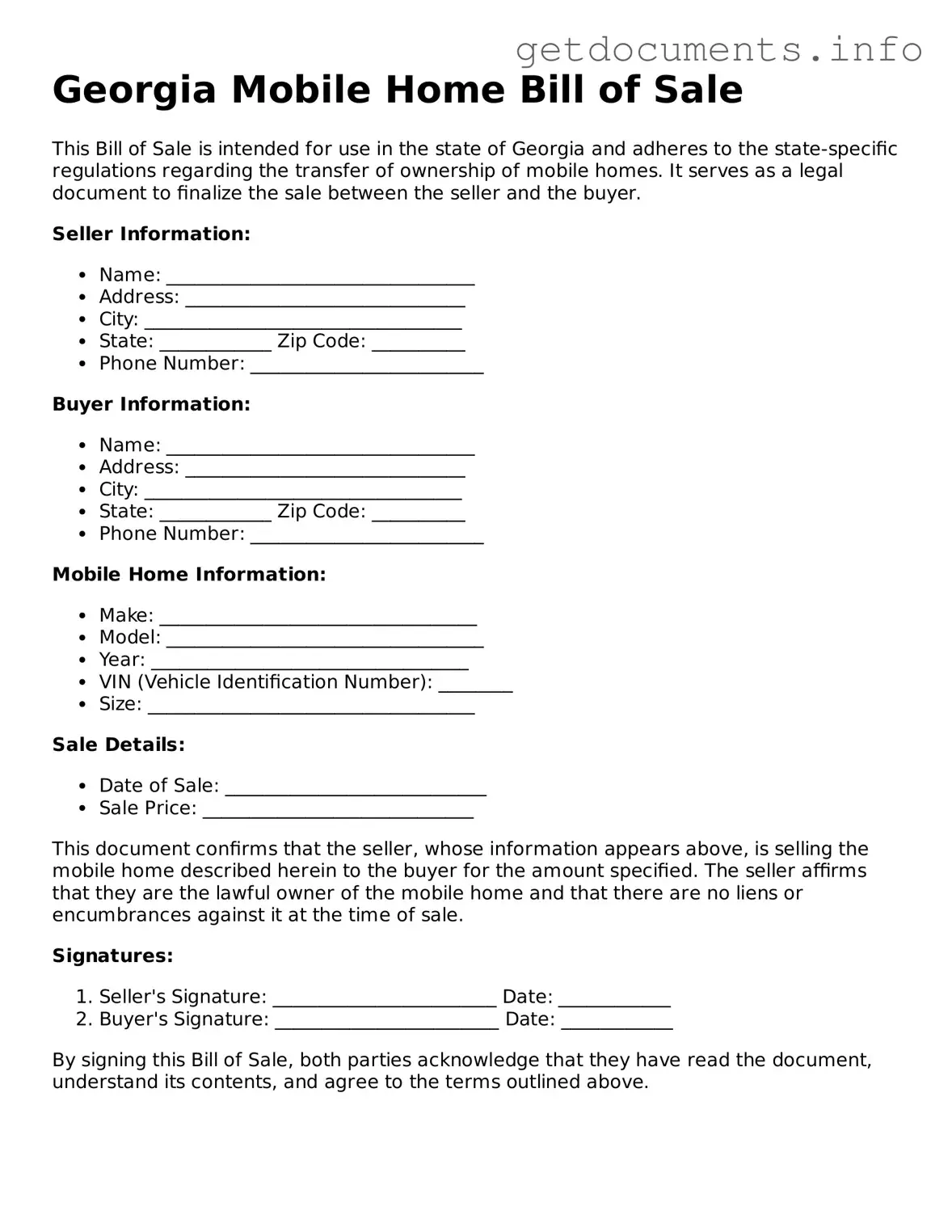 Free Mobile Home Bill of Sale Template for Georgia