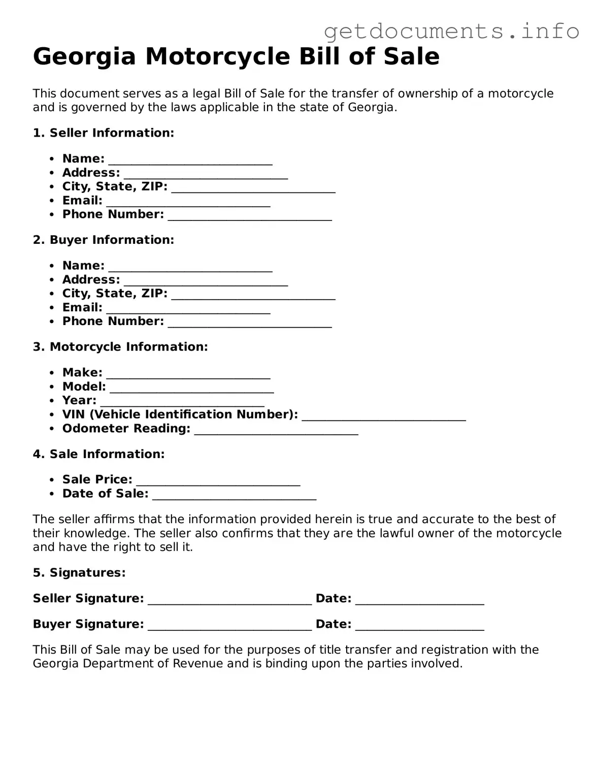 Free Motorcycle Bill of Sale Template for Georgia