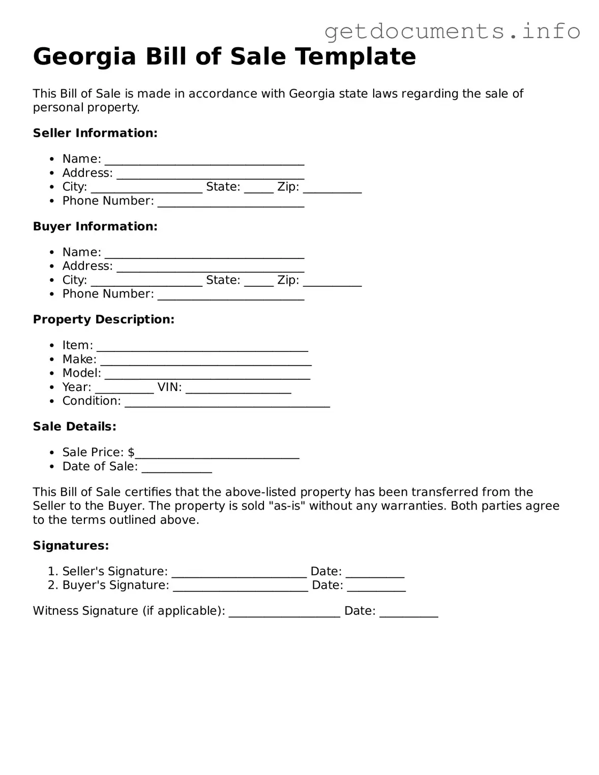 Free Bill of Sale Template for Georgia