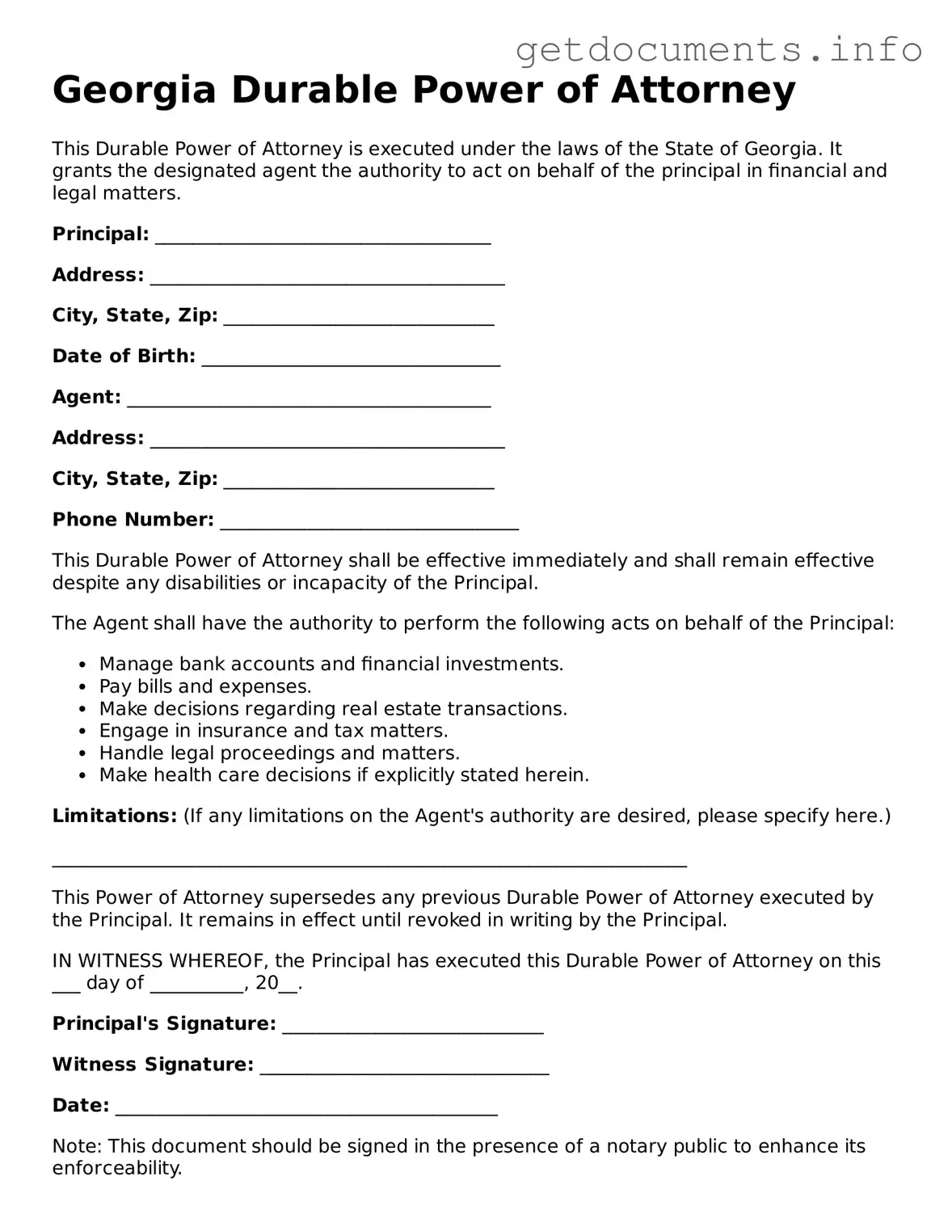 Free Durable Power of Attorney Template for Georgia
