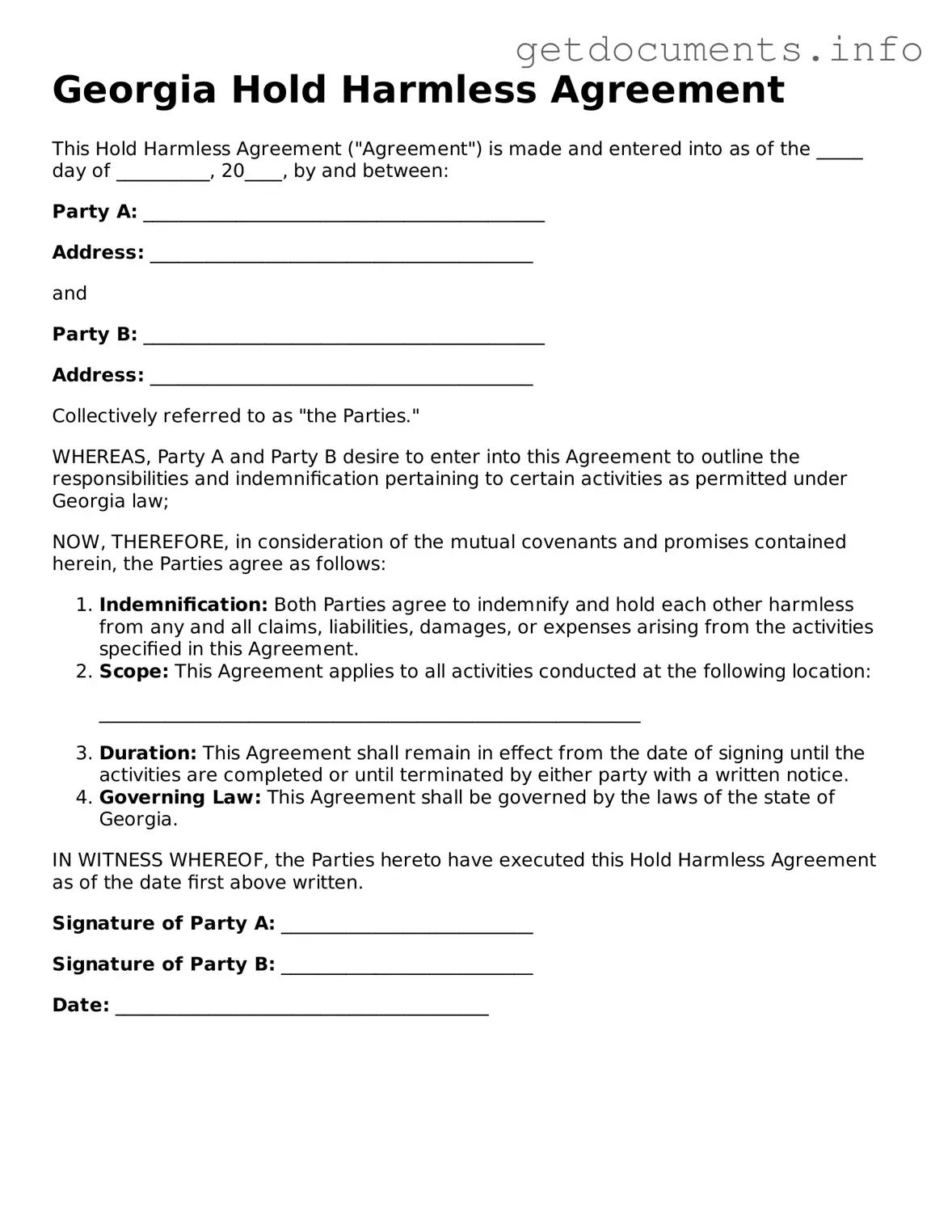 Free  Hold Harmless Agreement Template for Georgia