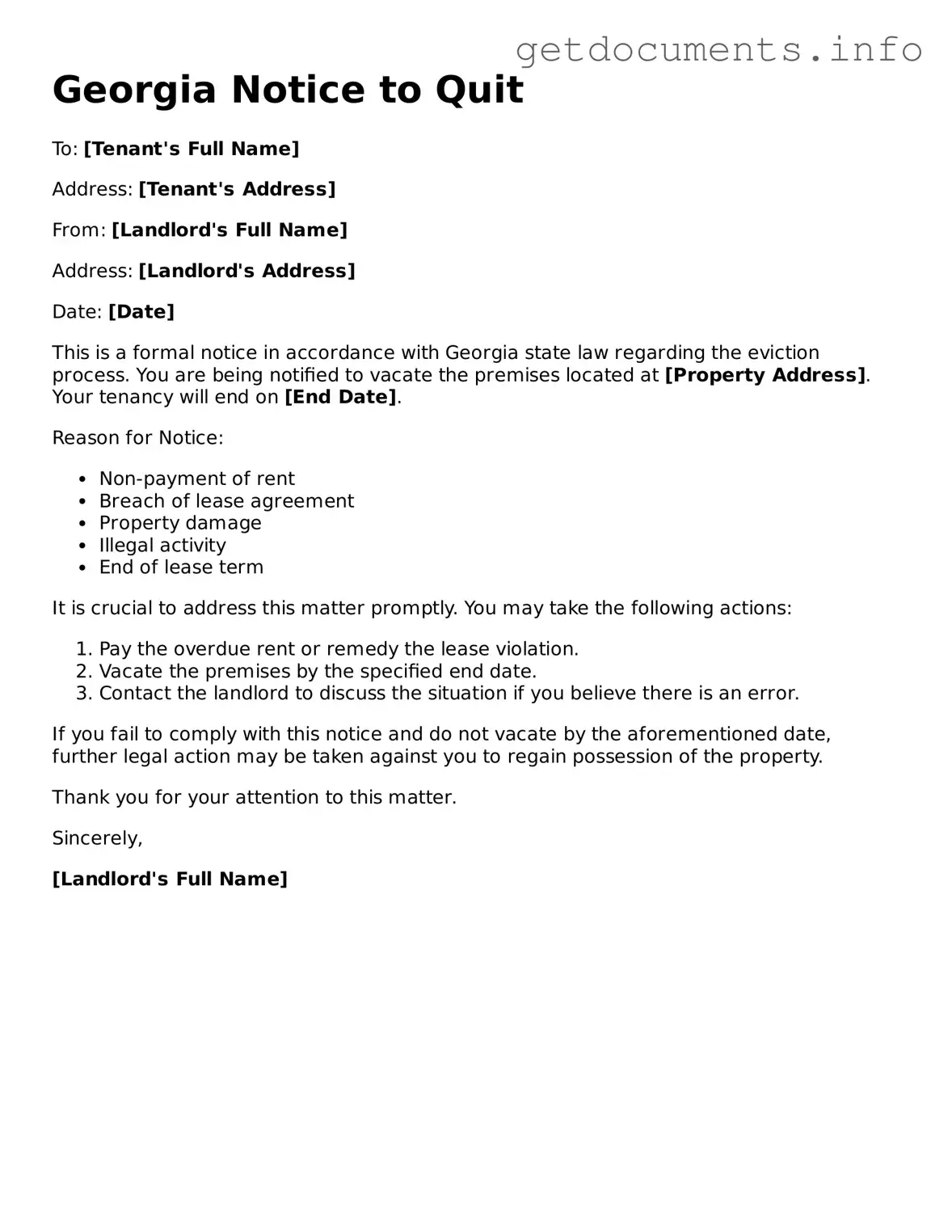 Free Notice to Quit Template for Georgia