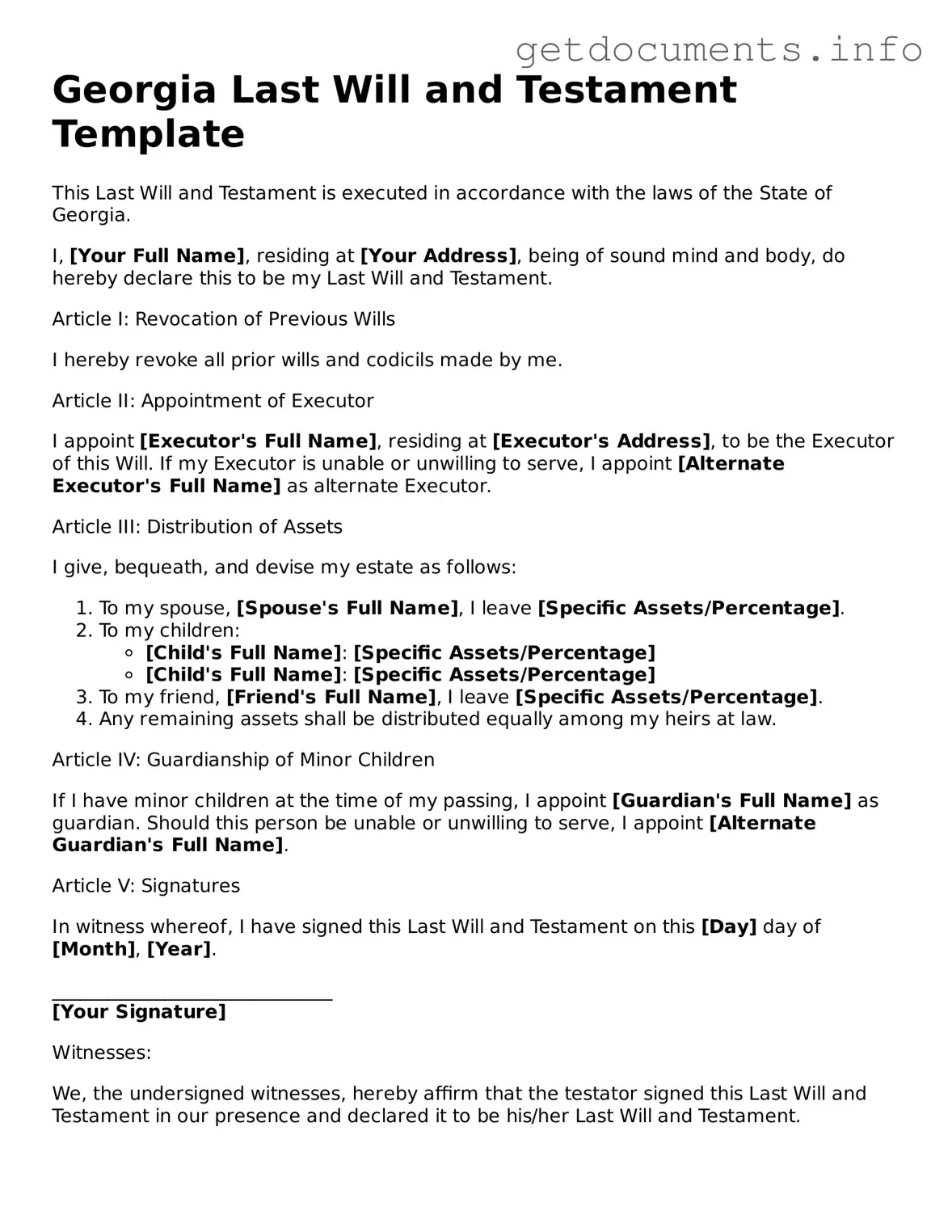 Free Last Will and Testament Template for Georgia