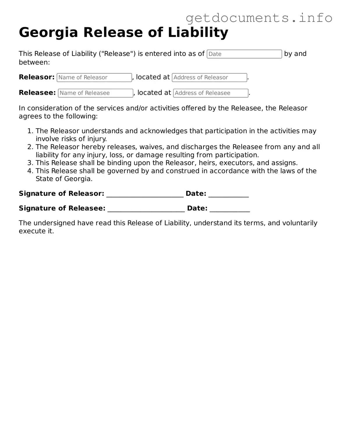 Free Release of Liability Template for Georgia