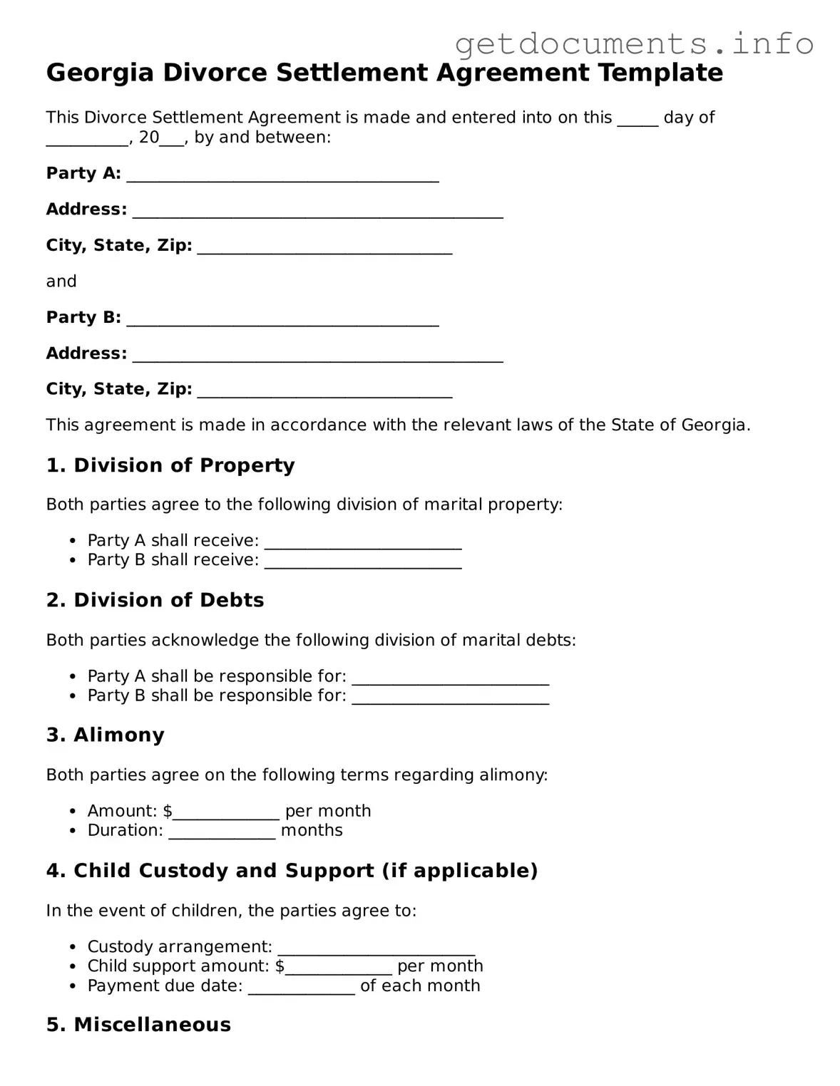 Free Divorce Settlement Agreement Template for Georgia