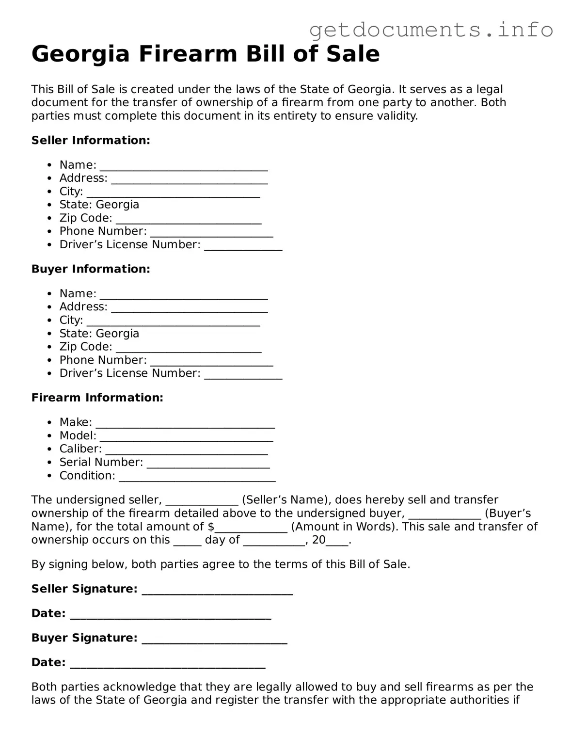 Free Firearm Bill of Sale Template for Georgia