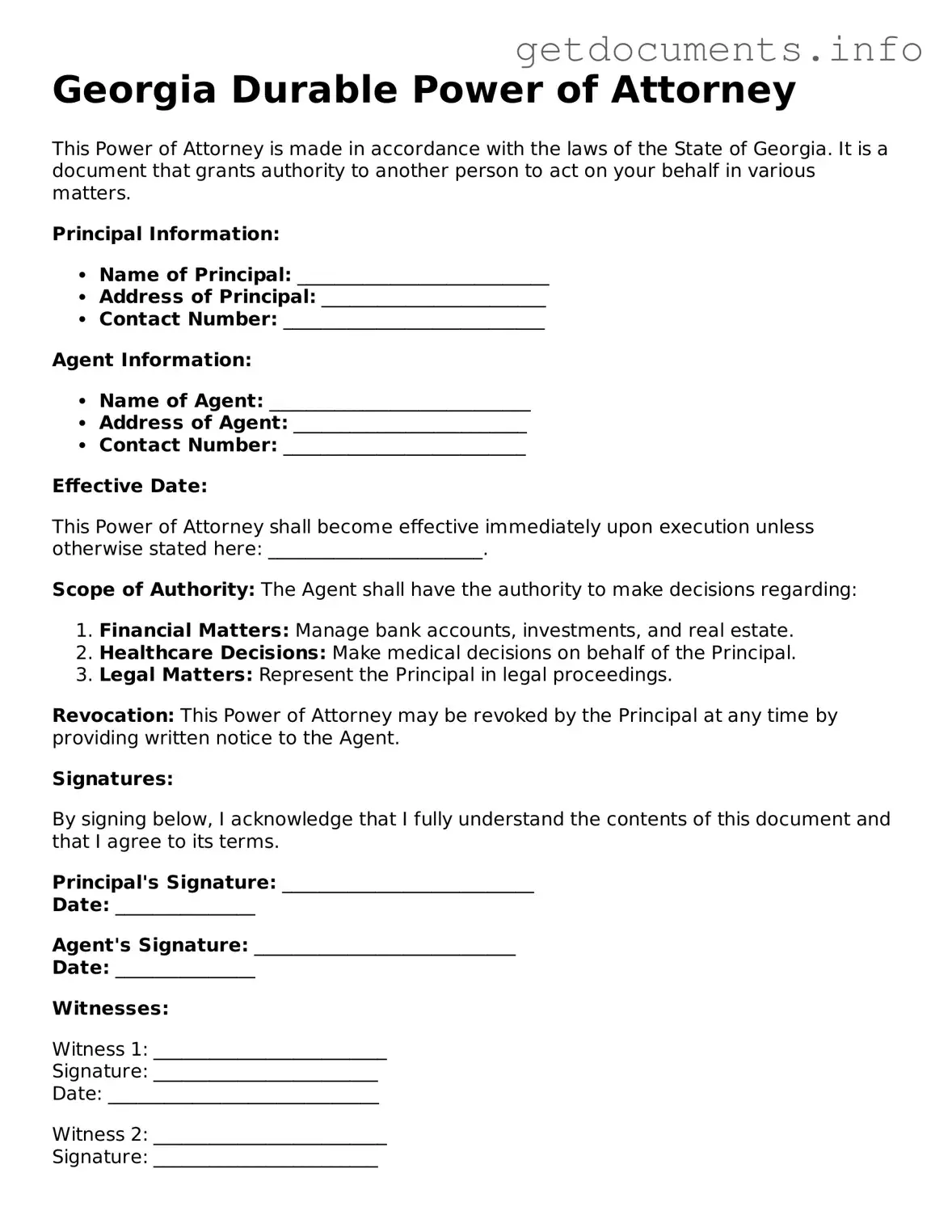 Free Power of Attorney Template for Georgia