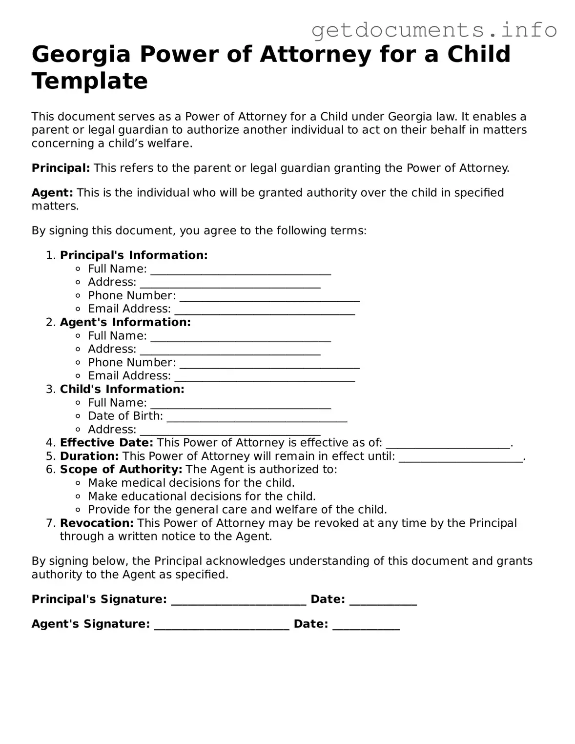 Free  Power of Attorney for a Child Template for Georgia