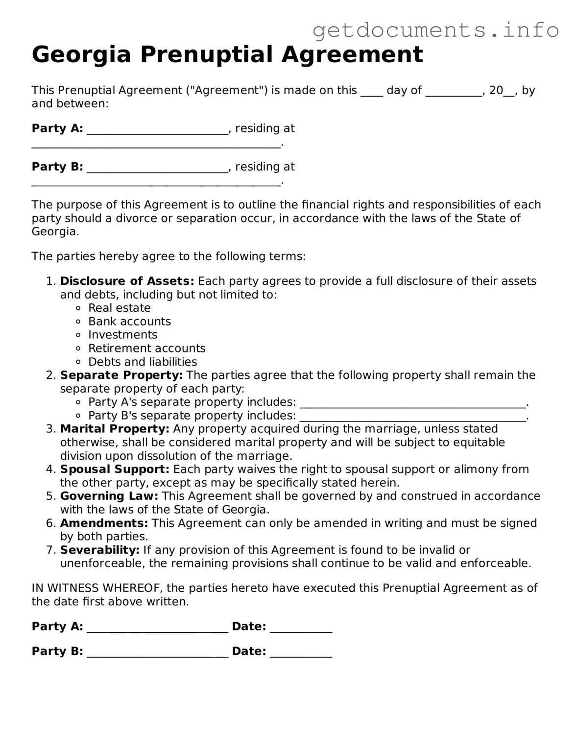 Free Prenuptial Agreement Template for Georgia