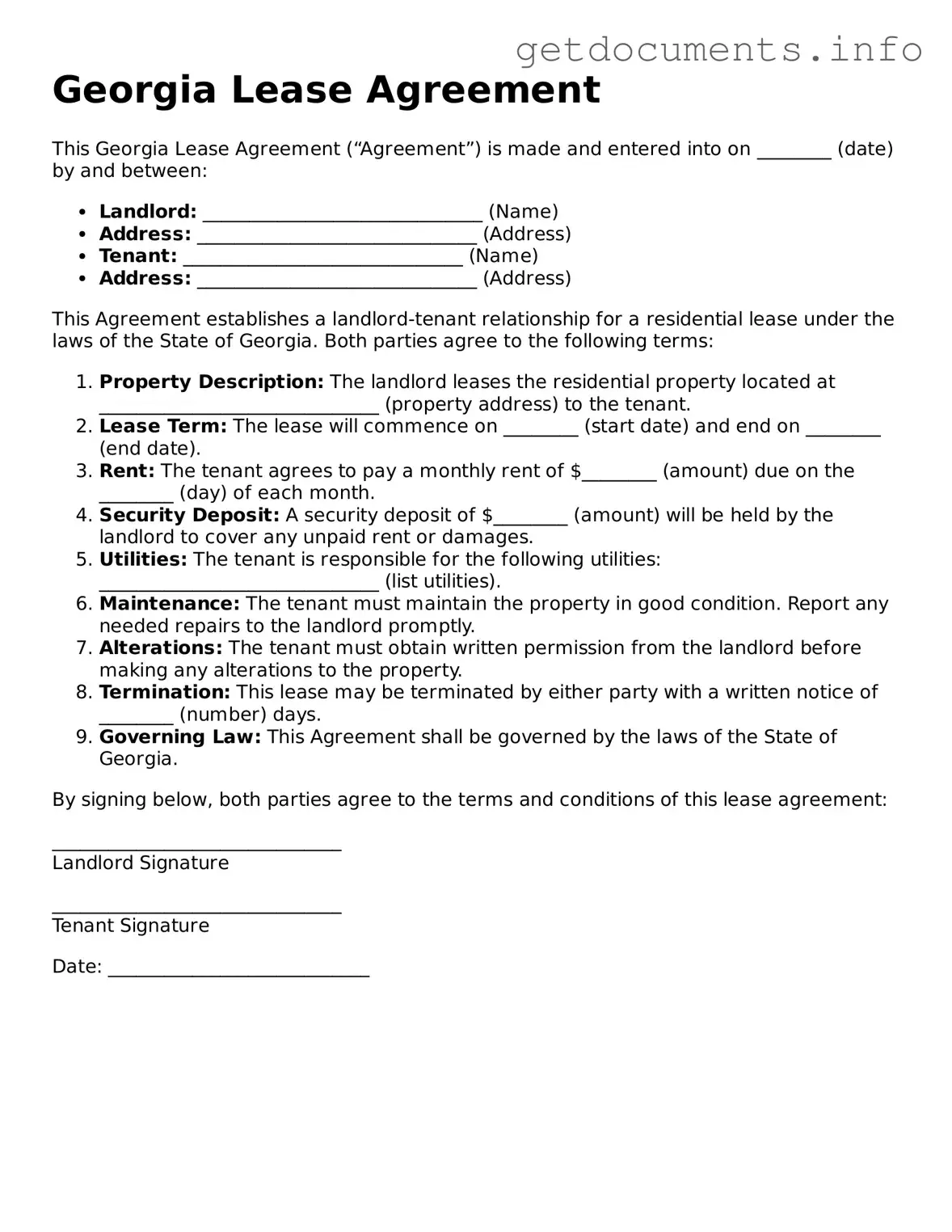 Free Lease Agreement Template for Georgia