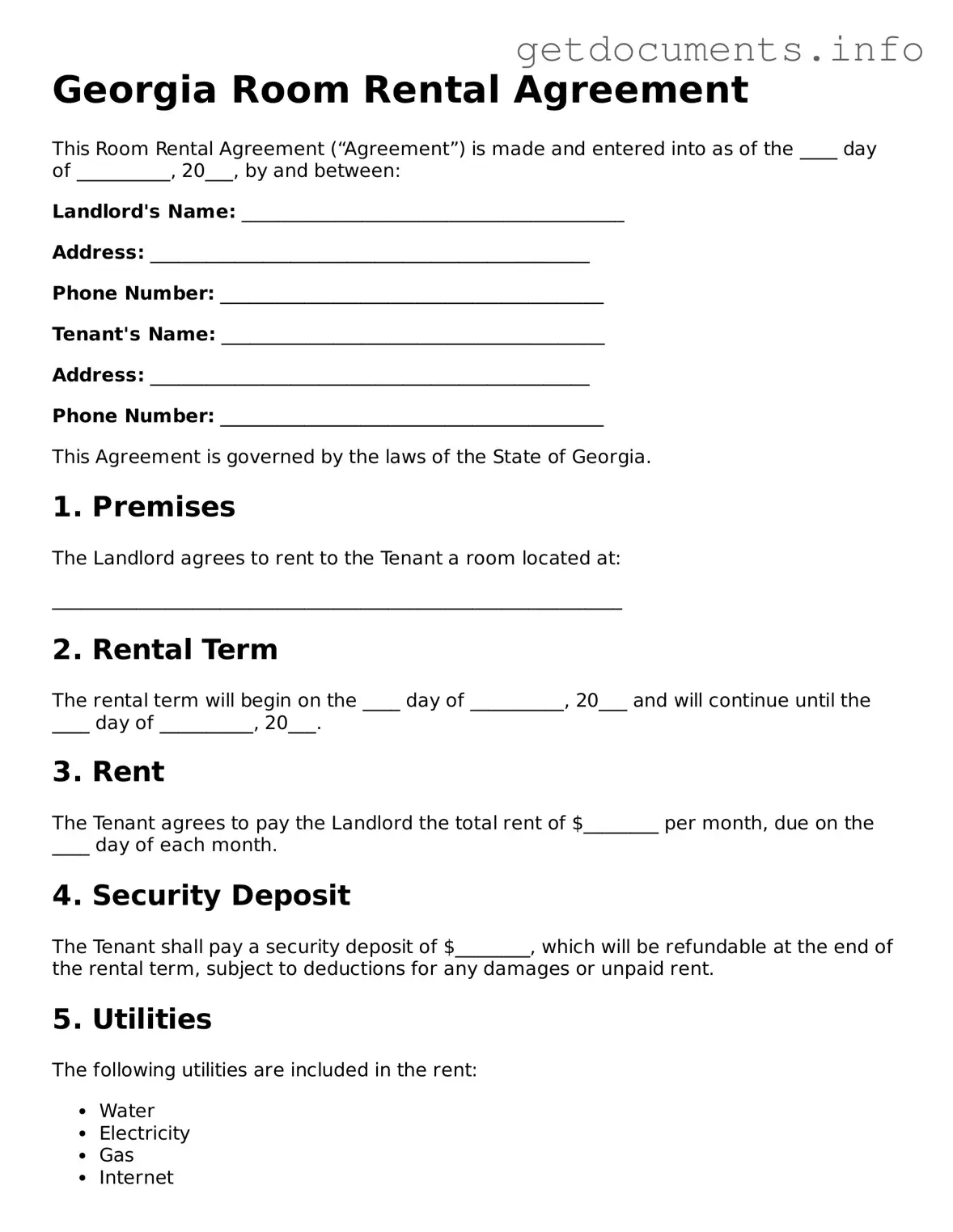 Free Room Rental Agreement Template for Georgia