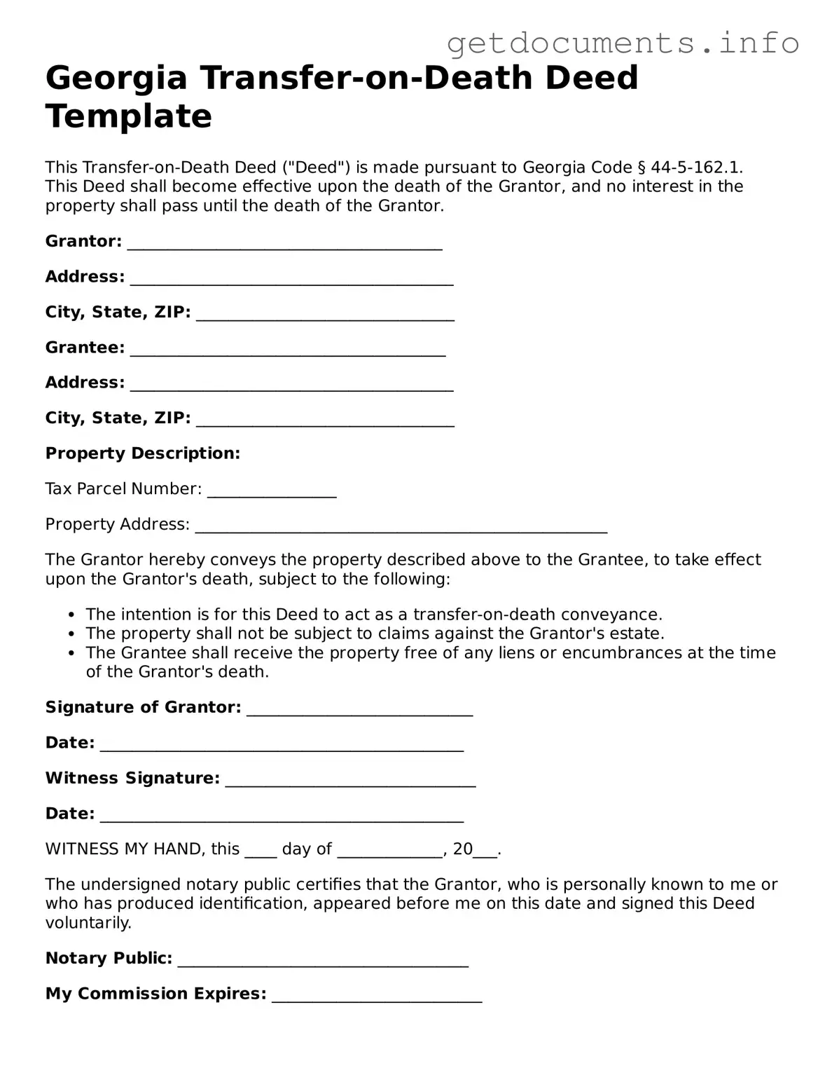 Free  Transfer-on-Death Deed Template for Georgia