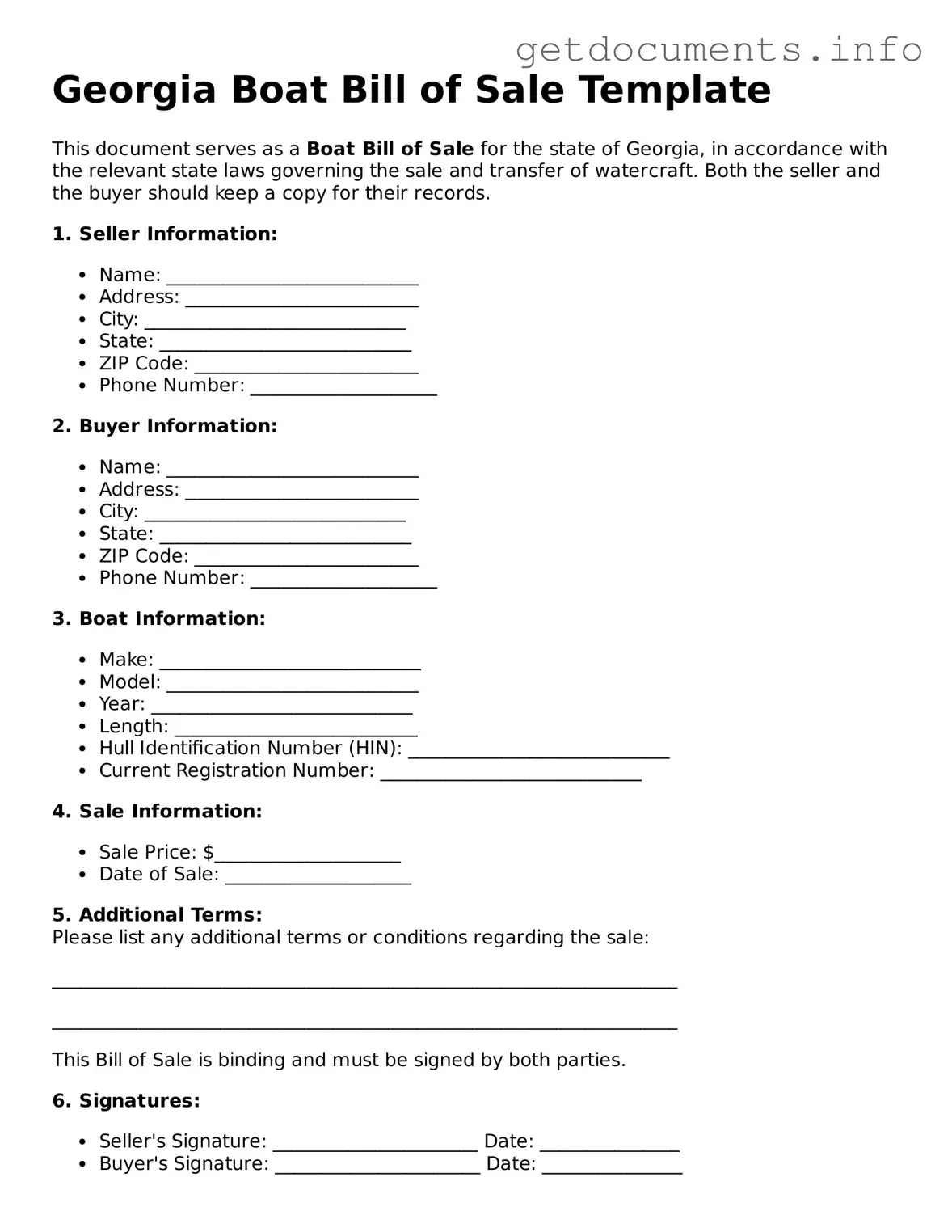 Free  Boat Bill of Sale Template for Georgia