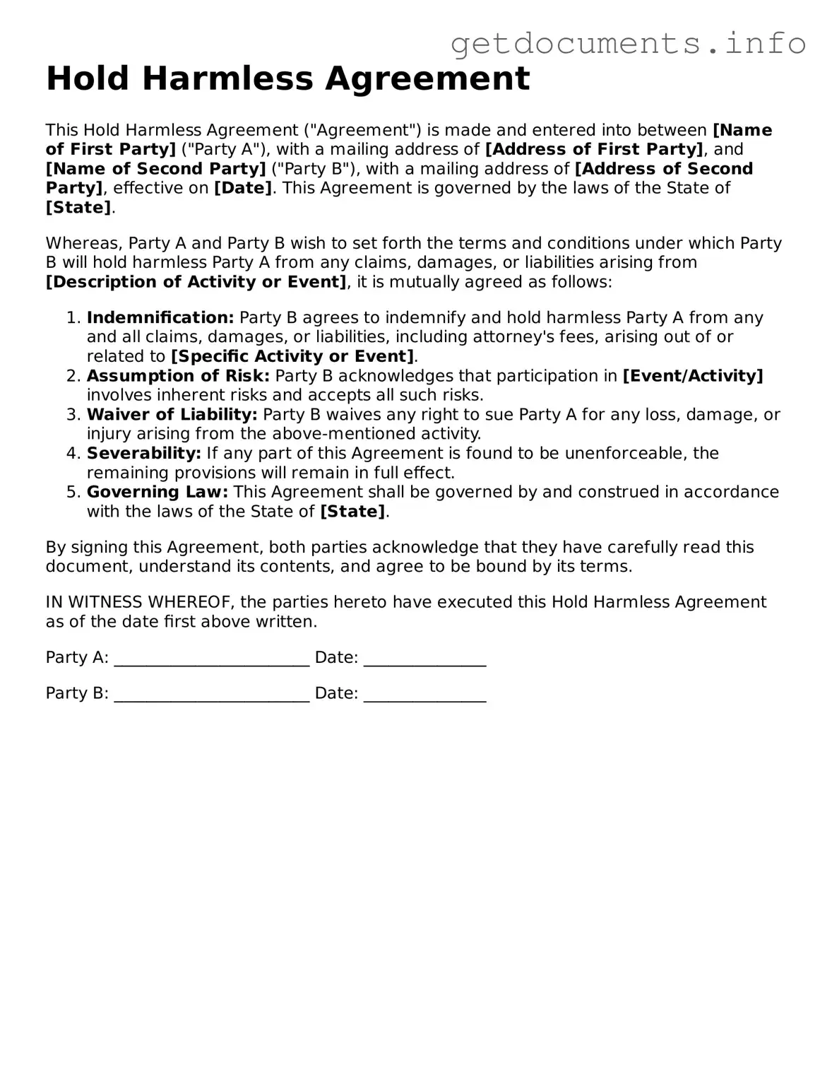 Printable Hold Harmless Agreement Document