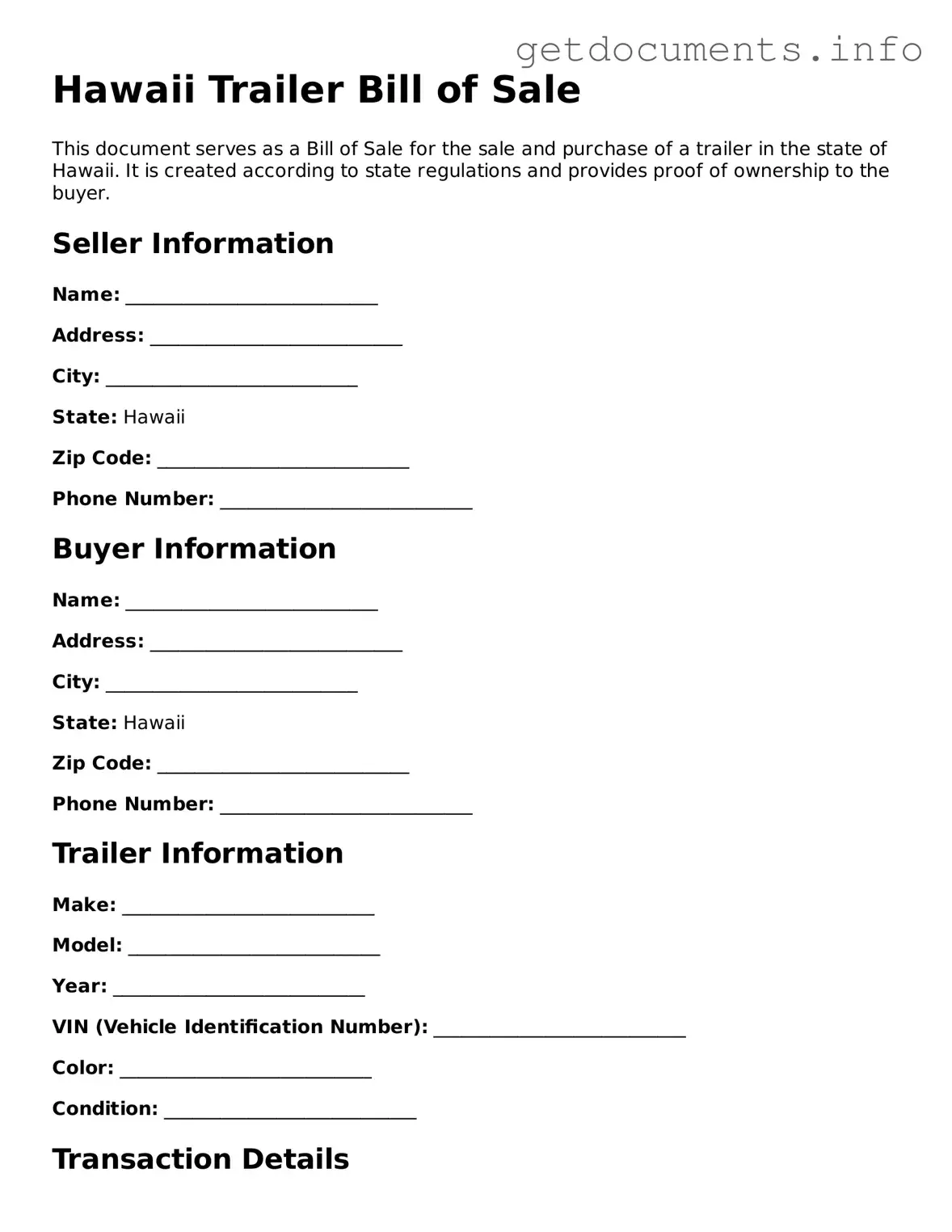 Free  Trailer Bill of Sale Template for Hawaii