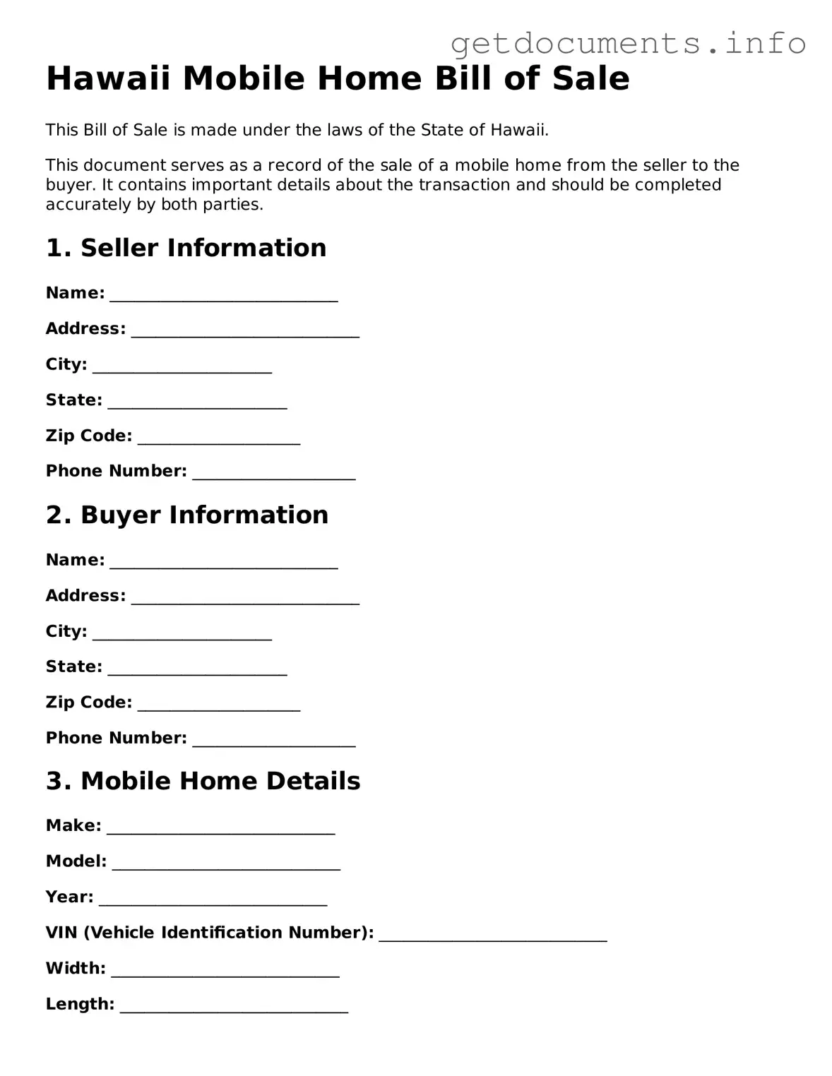 Free Mobile Home Bill of Sale Template for Hawaii