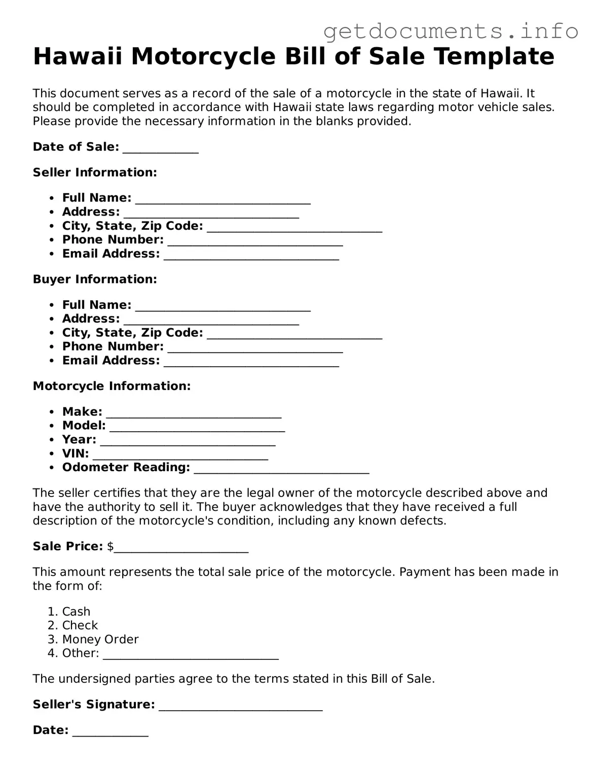Free Motorcycle Bill of Sale Template for Hawaii
