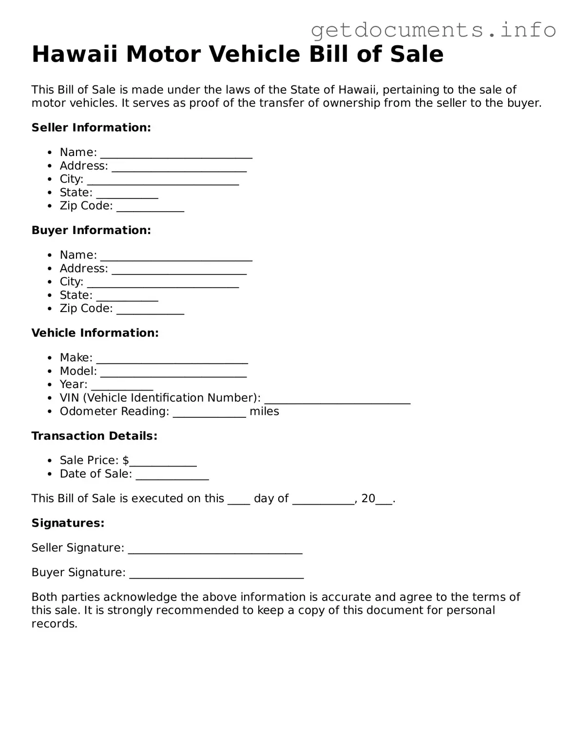 Free Motor Vehicle Bill of Sale Template for Hawaii