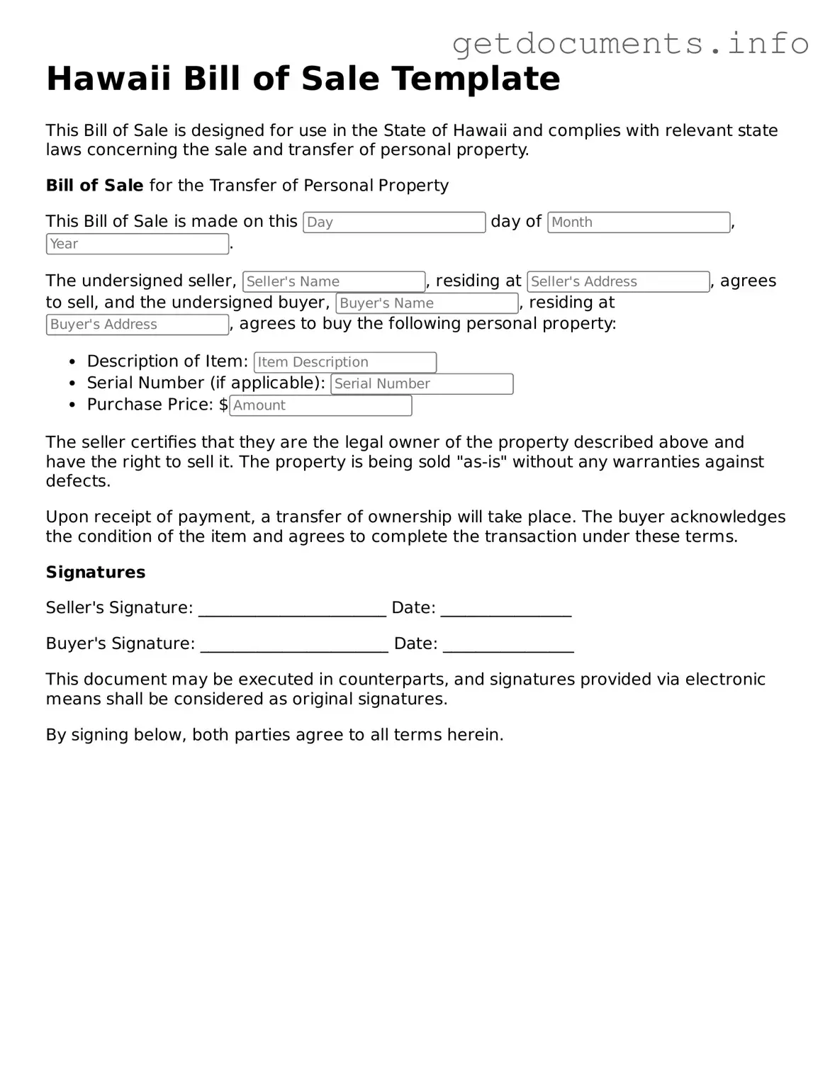 Free Bill of Sale Template for Hawaii