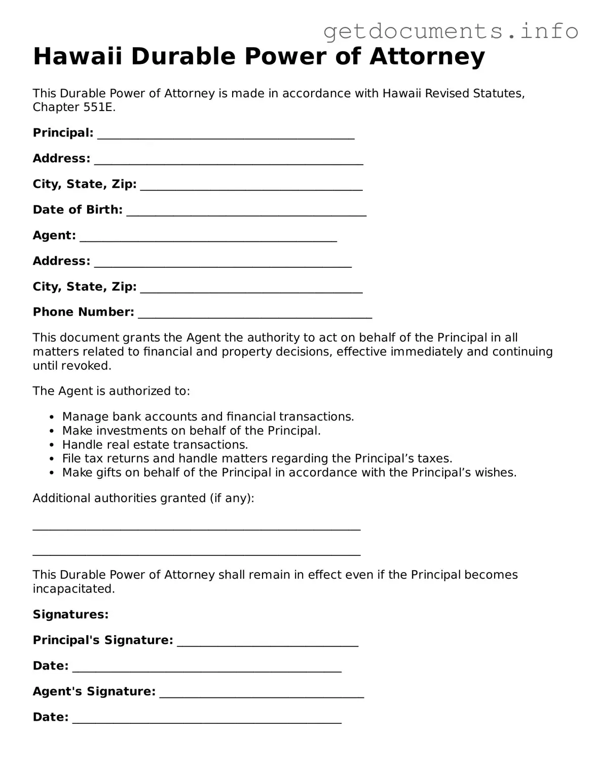 Free Durable Power of Attorney Template for Hawaii