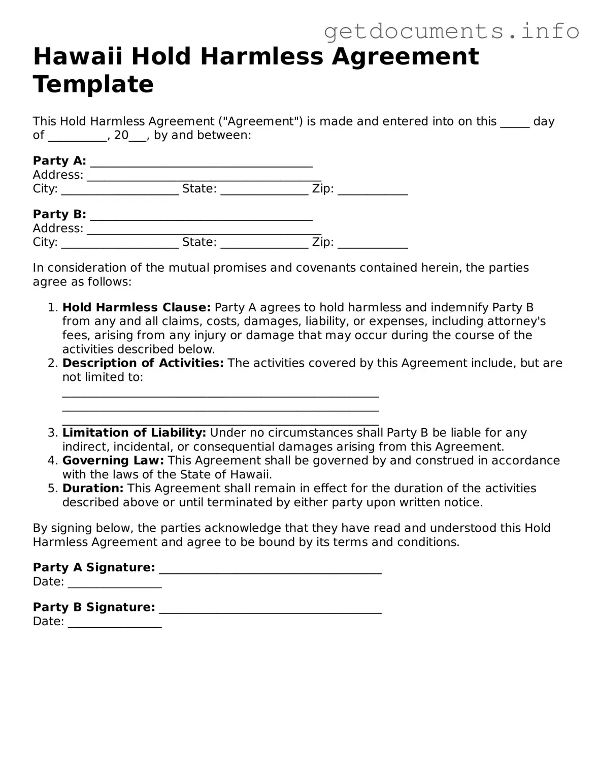 Free Hold Harmless Agreement Template for Hawaii