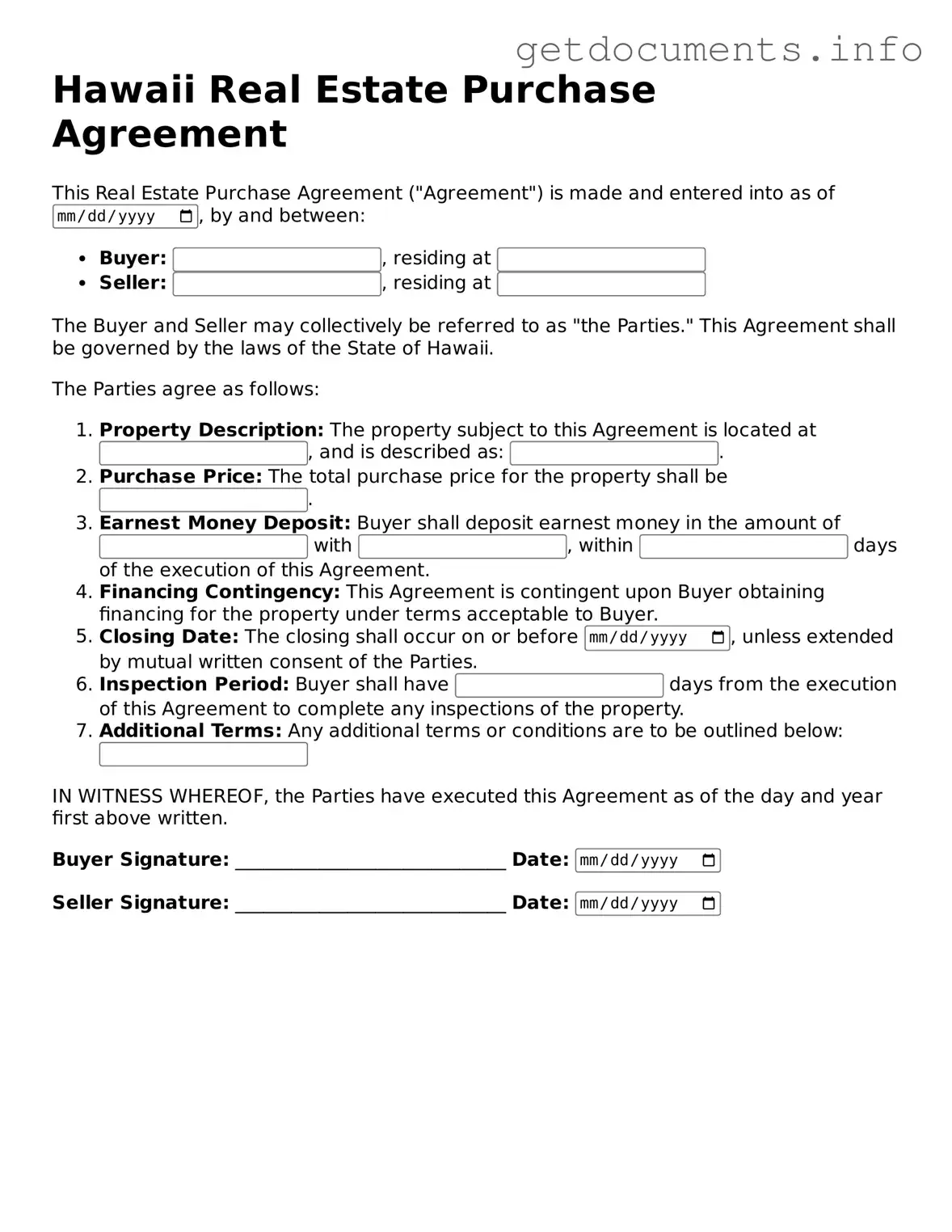 Free Real Estate Purchase Agreement Template for Hawaii