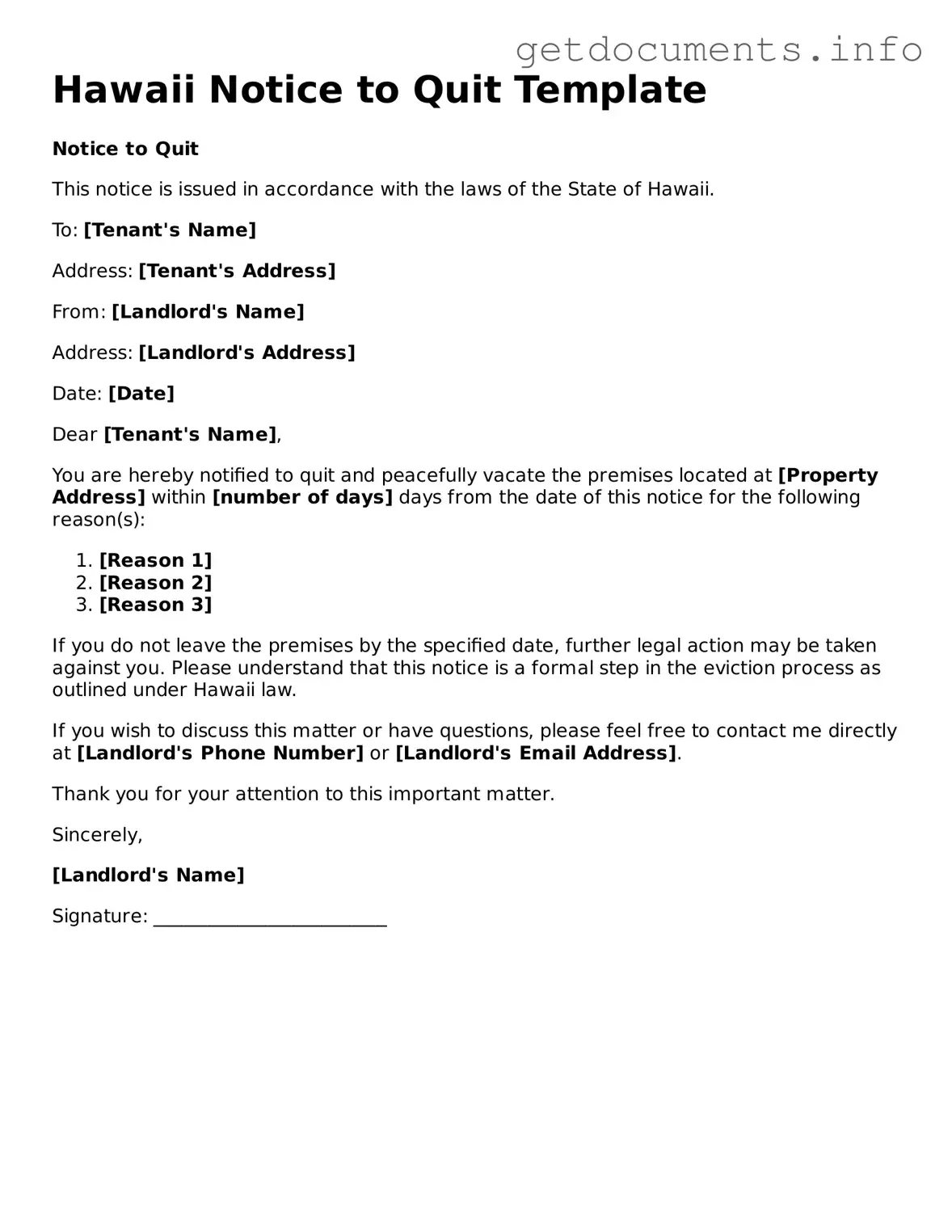 Free Notice to Quit Template for Hawaii