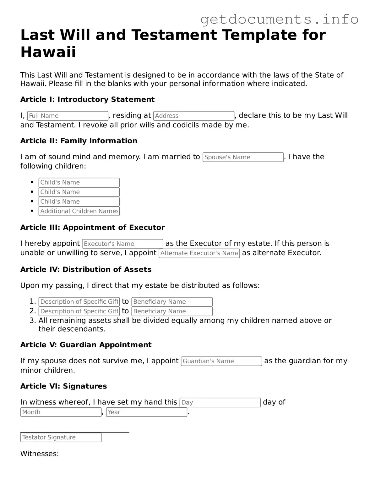 Free Last Will and Testament Template for Hawaii