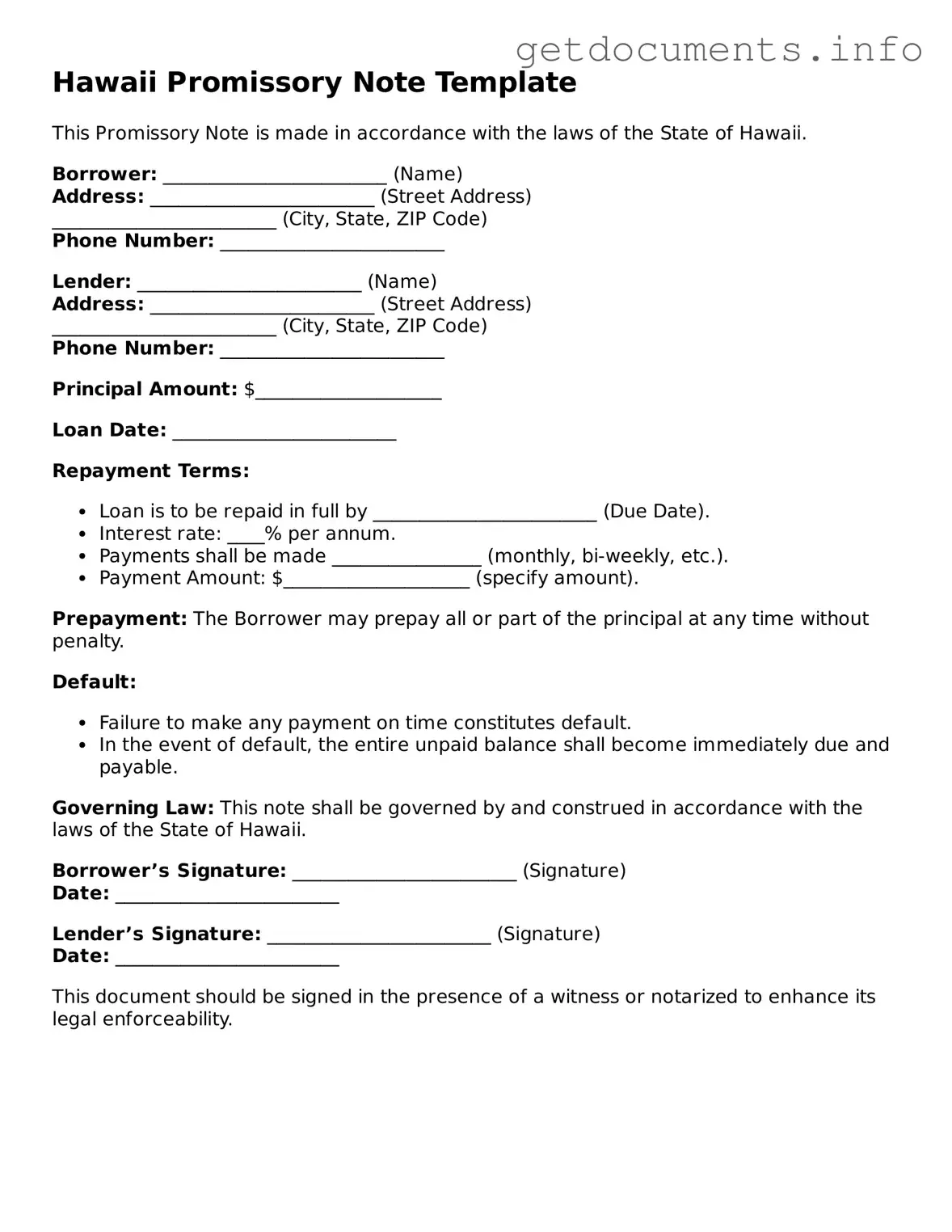 Free Promissory Note Template for Hawaii