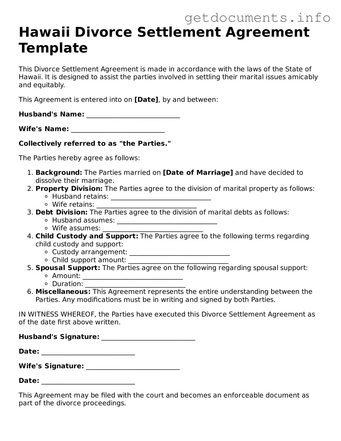 Free Divorce Settlement Agreement Template for Hawaii