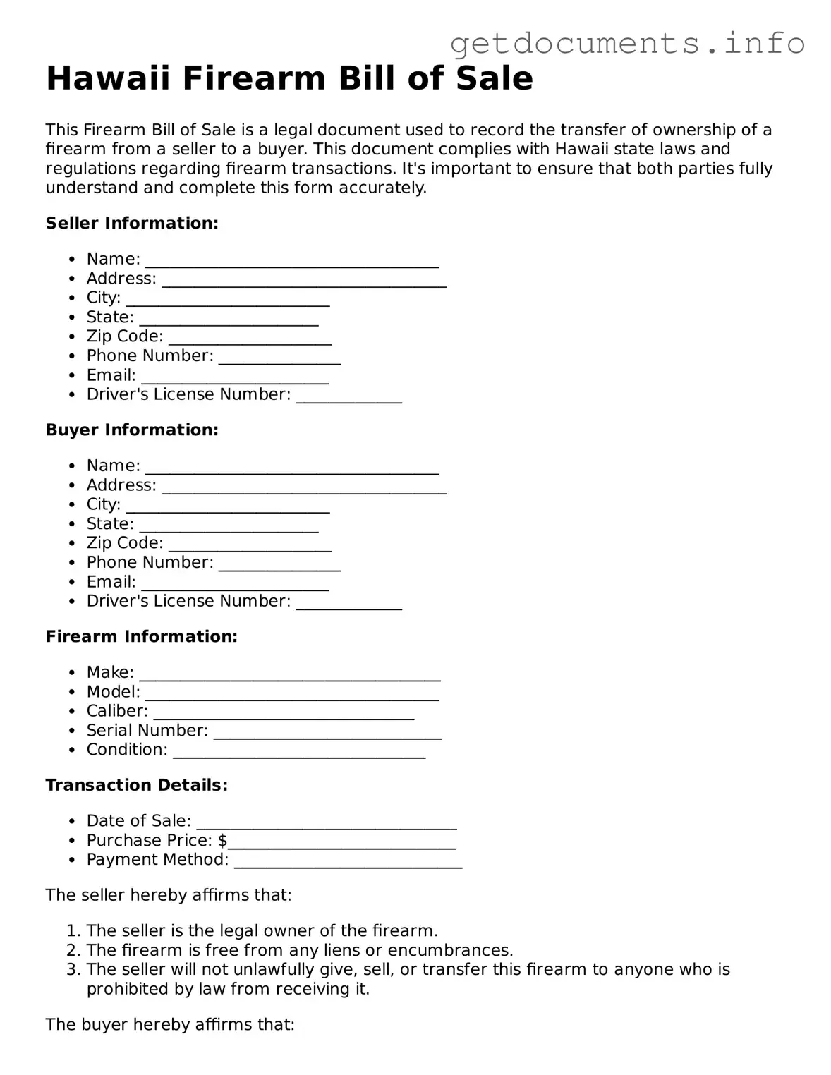 Free  Firearm Bill of Sale Template for Hawaii