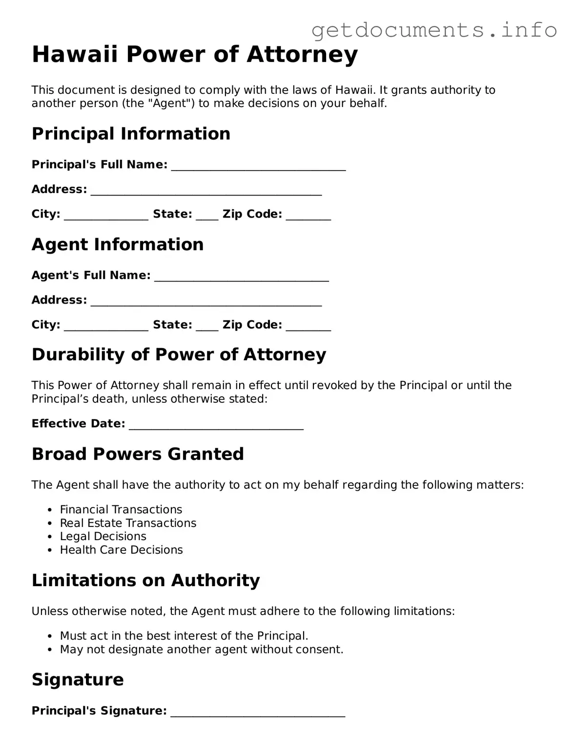 Free Power of Attorney Template for Hawaii