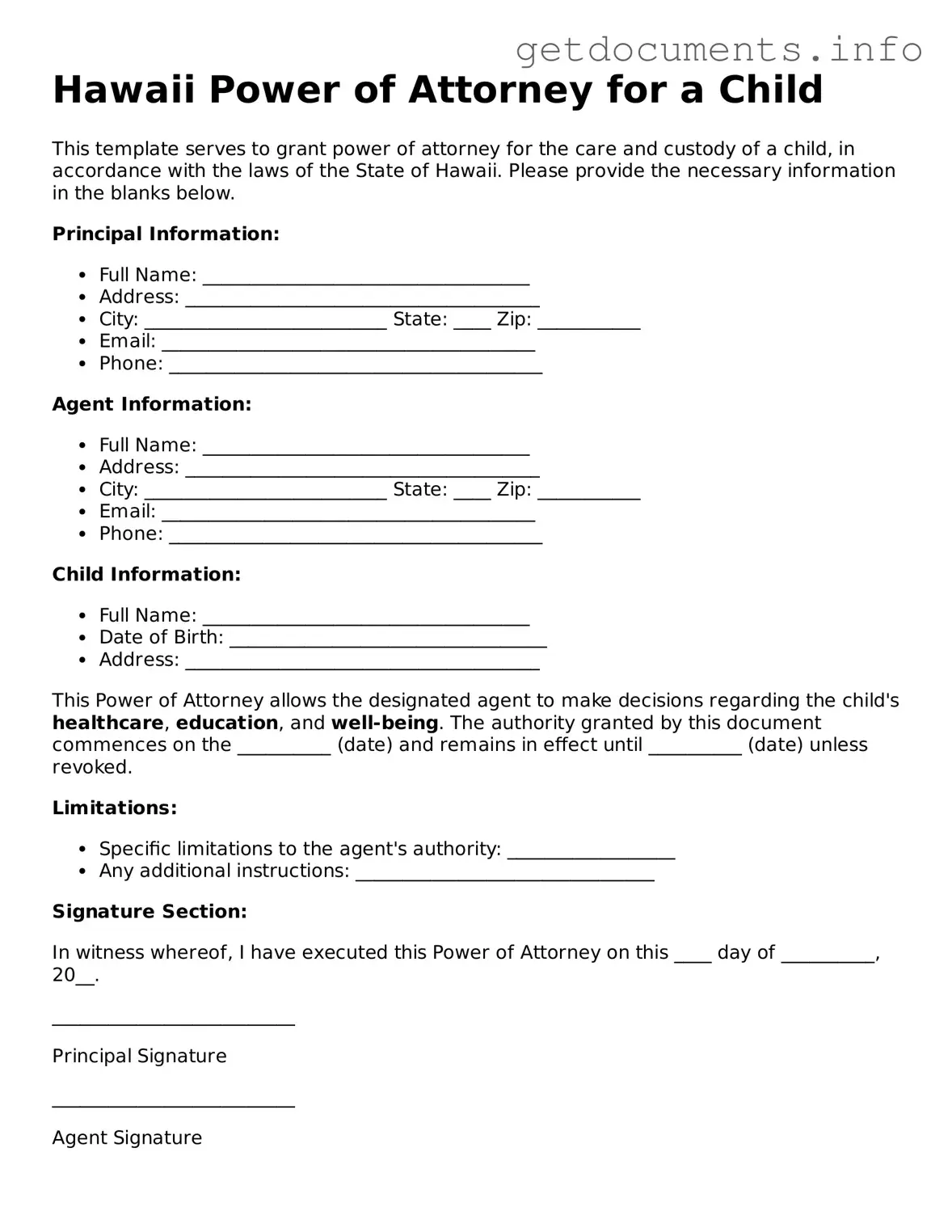 Free Power of Attorney for a Child Template for Hawaii