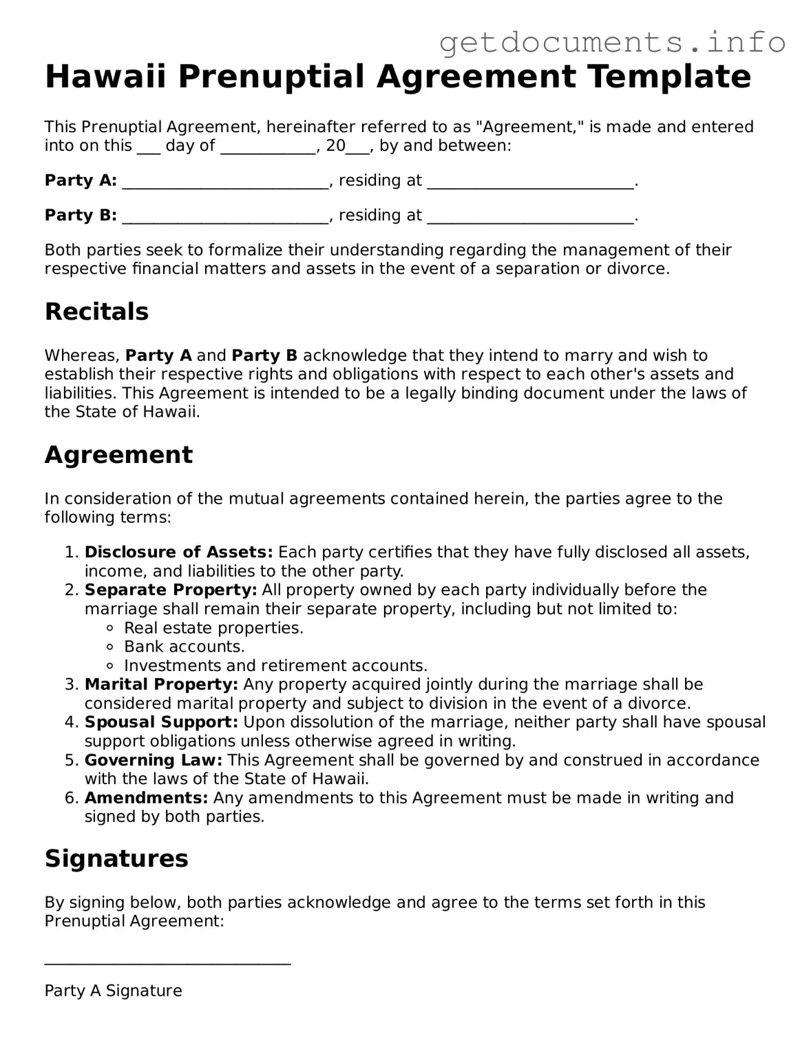 Free  Prenuptial Agreement Template for Hawaii