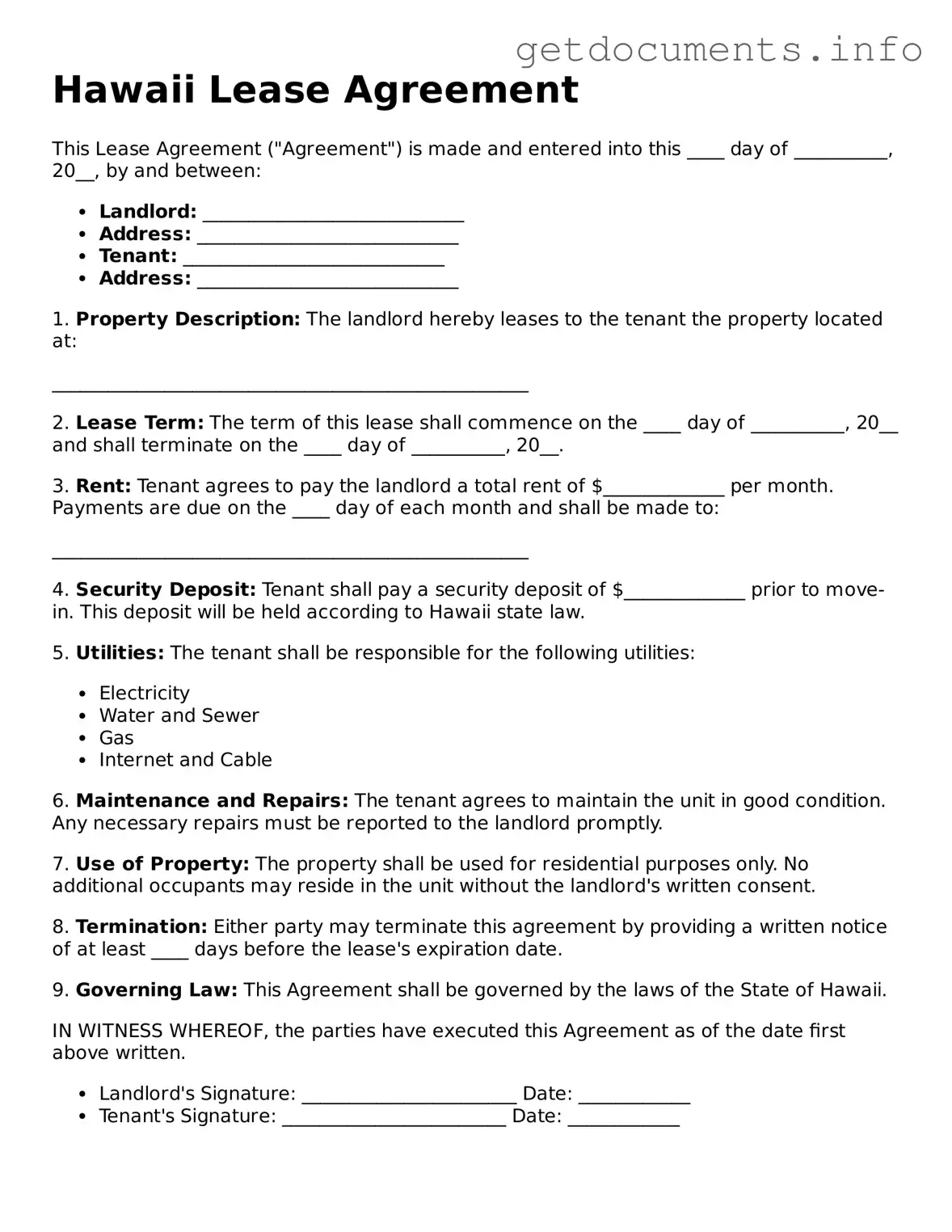 Free Lease Agreement Template for Hawaii