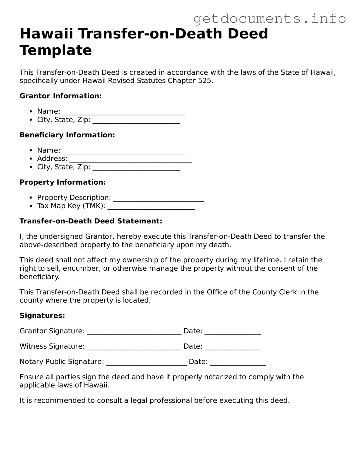 Free Transfer-on-Death Deed Template for Hawaii