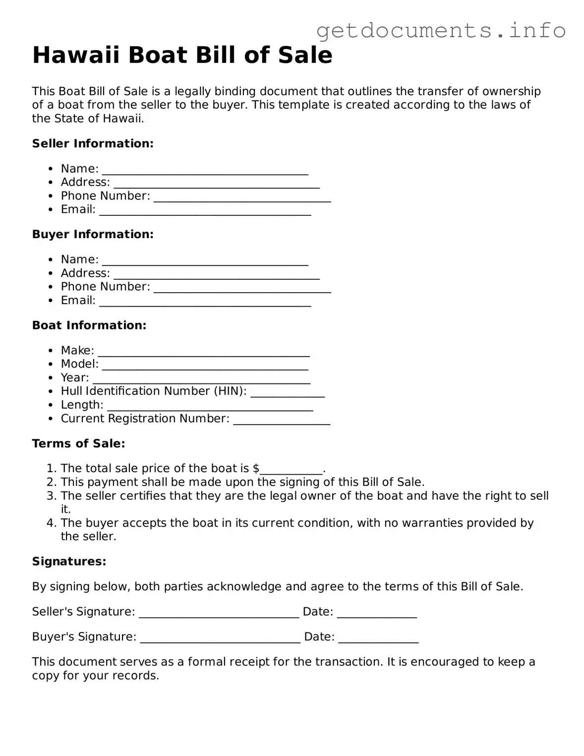 Free Boat Bill of Sale Template for Hawaii