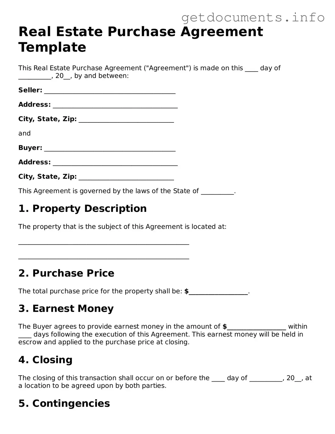 Printable Real Estate Purchase Agreement Document