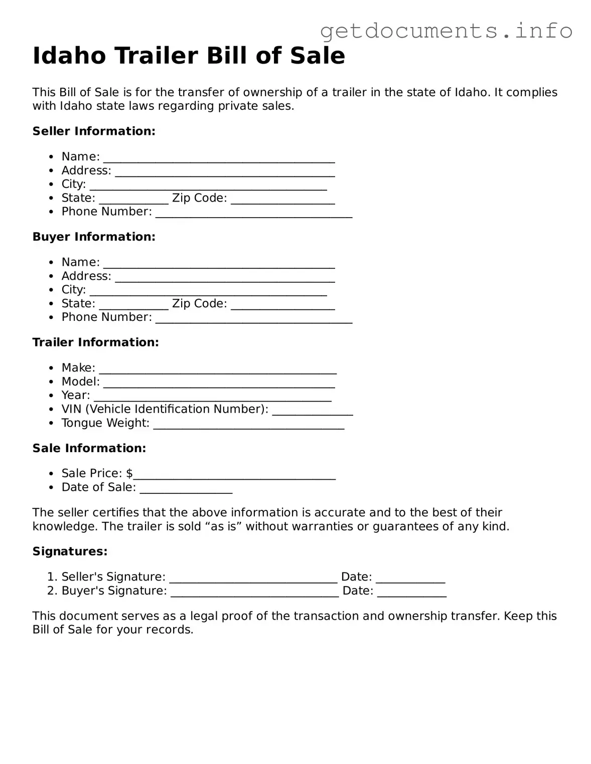 Free  Trailer Bill of Sale Template for Idaho
