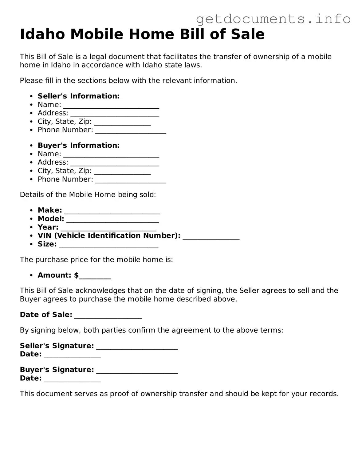 Free Mobile Home Bill of Sale Template for Idaho
